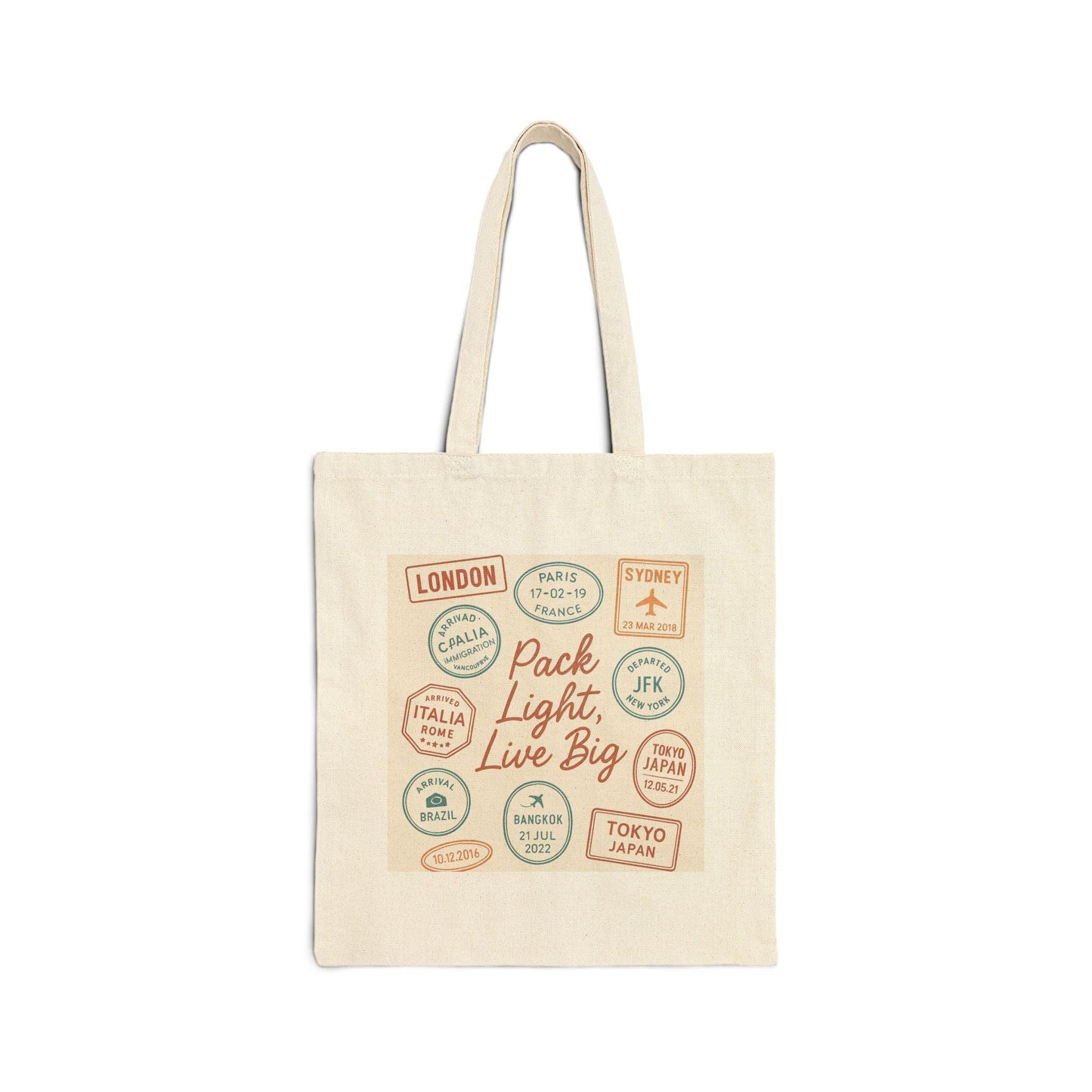 Travel Themed Cotton Canvas Tote Bag - "Pack Light, Live Big" - Oceanfront Products