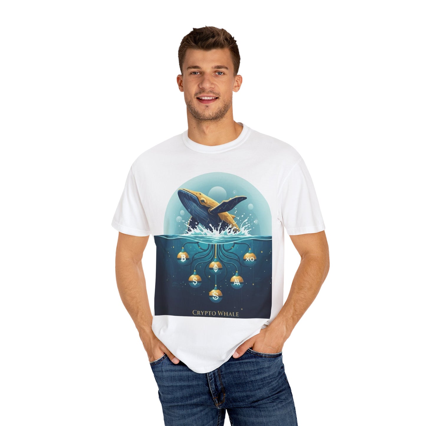 Crypto Whale T-Shirt — Ocean Whale & Gold Crypto Icons Graphic Tee