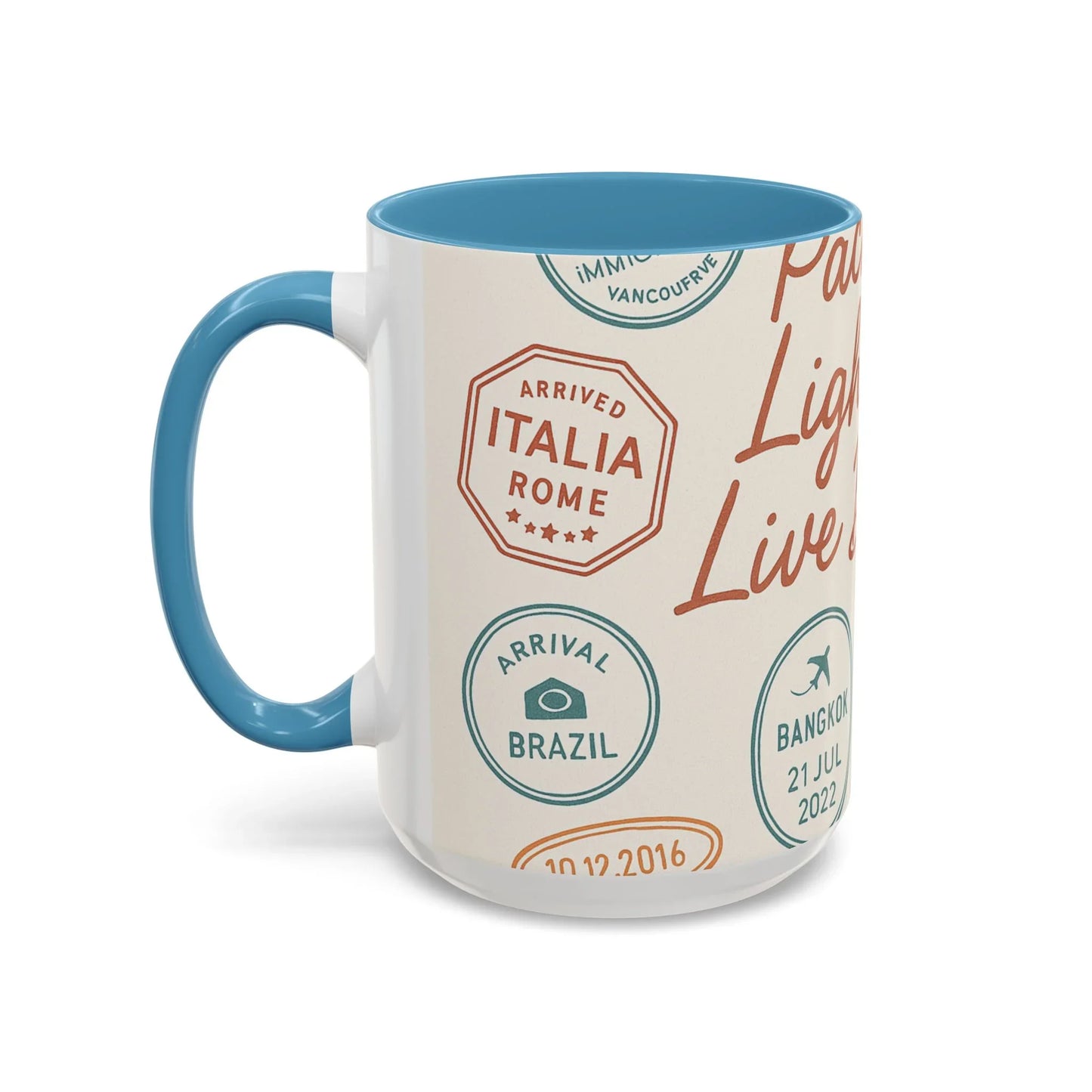 Pack Light, Live Big – Wanderlust Mug with Passport Stamp Collection - Oceanfront Products