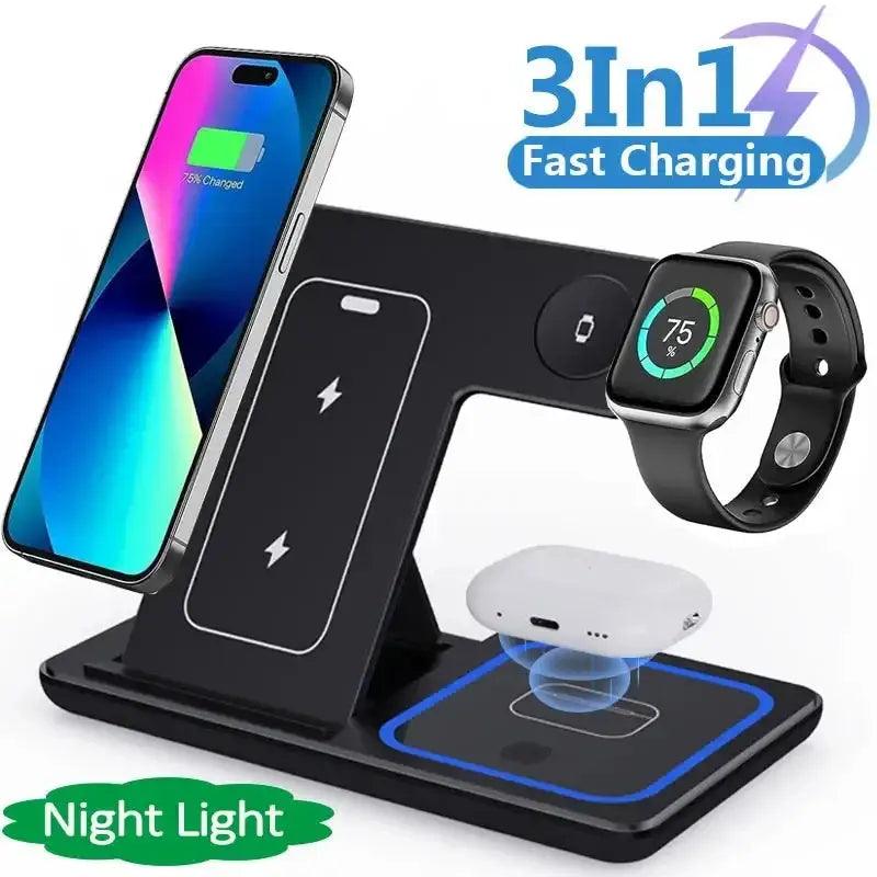 15W 3 In 1 LED Fast Wireless Charger Stand Foldable Charging Station For Smart Phone 15 14 13 12 11 IWatch 9 8 7 6 5 Airpods Pro - Oceanfront Products