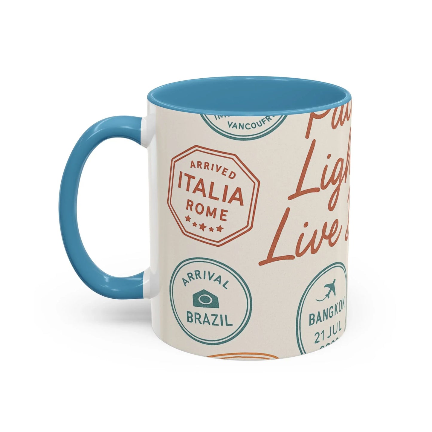 Pack Light, Live Big – Wanderlust Mug with Passport Stamp Collection - Oceanfront Products