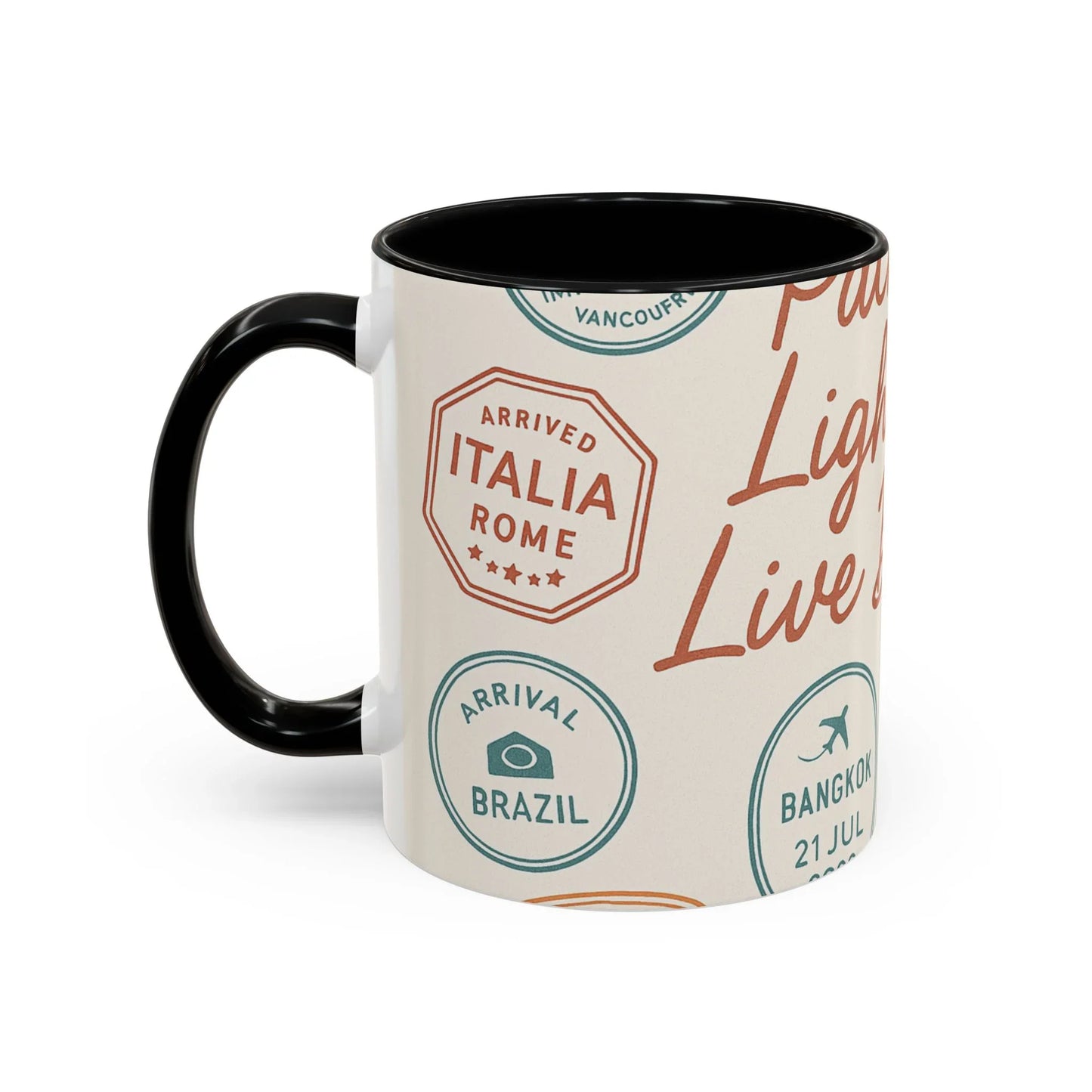 Pack Light, Live Big – Wanderlust Mug with Passport Stamp Collection - Oceanfront Products