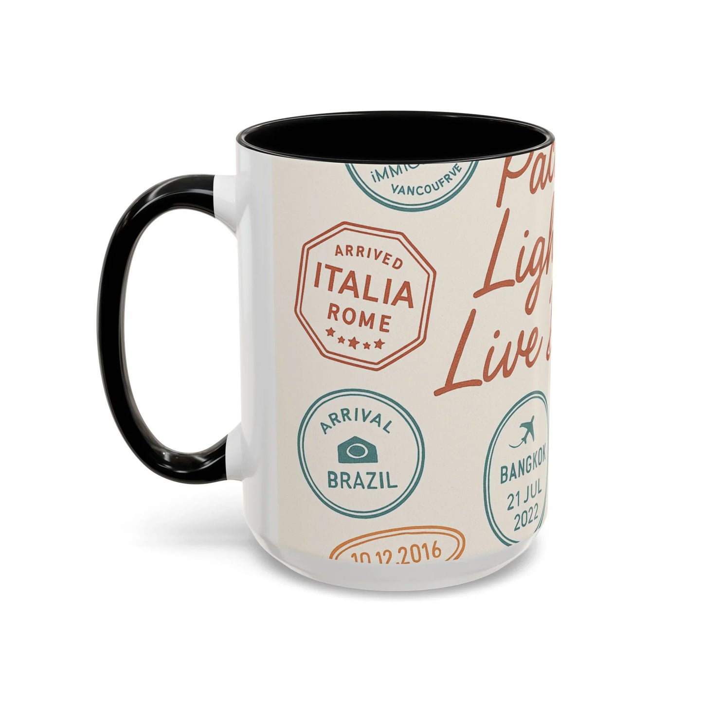 Pack Light, Live Big – Wanderlust Mug with Passport Stamp Collection - Oceanfront Products