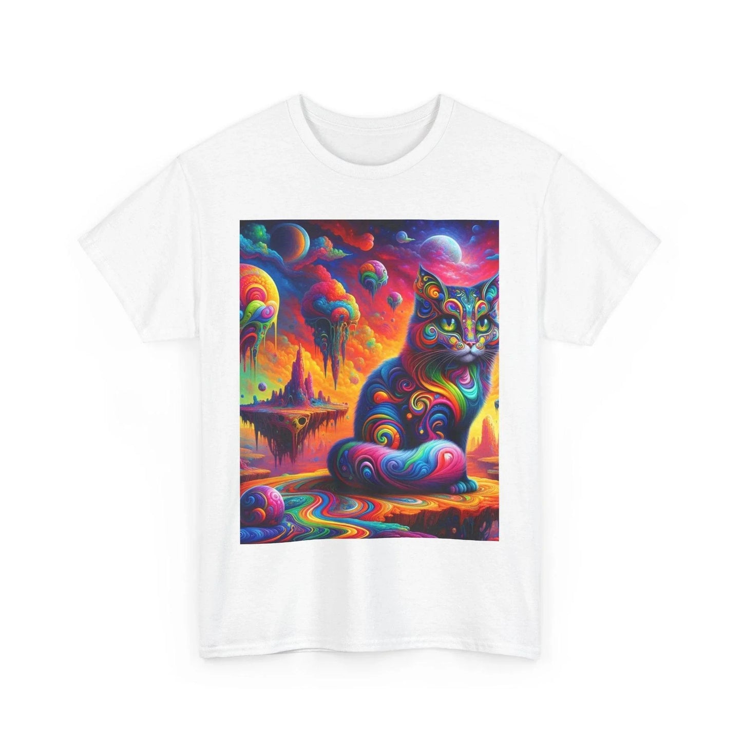 Psychedelic Cat in Surreal Landscape Shirt: A Fusion of Fantasy and Feline Charm - Oceanfront Products