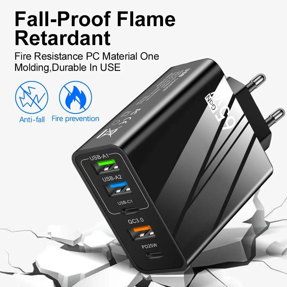 65w Fast Charger Mobile Charging Head Pd Plus 3usb Travel Multi Interface Charger 3.1A For Samsung Xiaomi Iphone Eu Us Adapter - Oceanfront Products