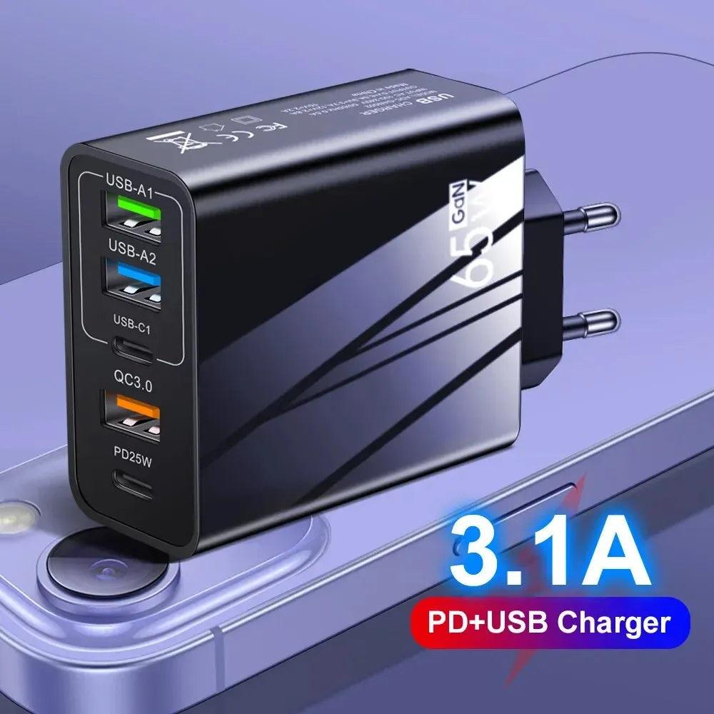 65w Fast Charger Mobile Charging Head Pd Plus 3usb Travel Multi Interface Charger 3.1A For Samsung Xiaomi Iphone Eu Us Adapter - Oceanfront Products