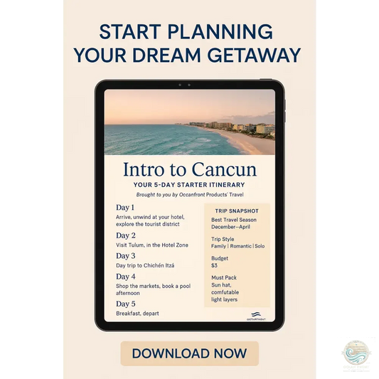 Tablet displaying a Cancun starter itinerary for travel with Explore Cancun guide in hand