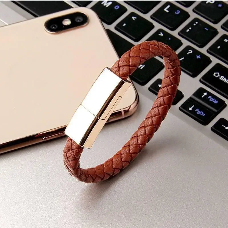 Stylish braided leather bracelet with built-in USB charger and gold clasp for phone usb cable