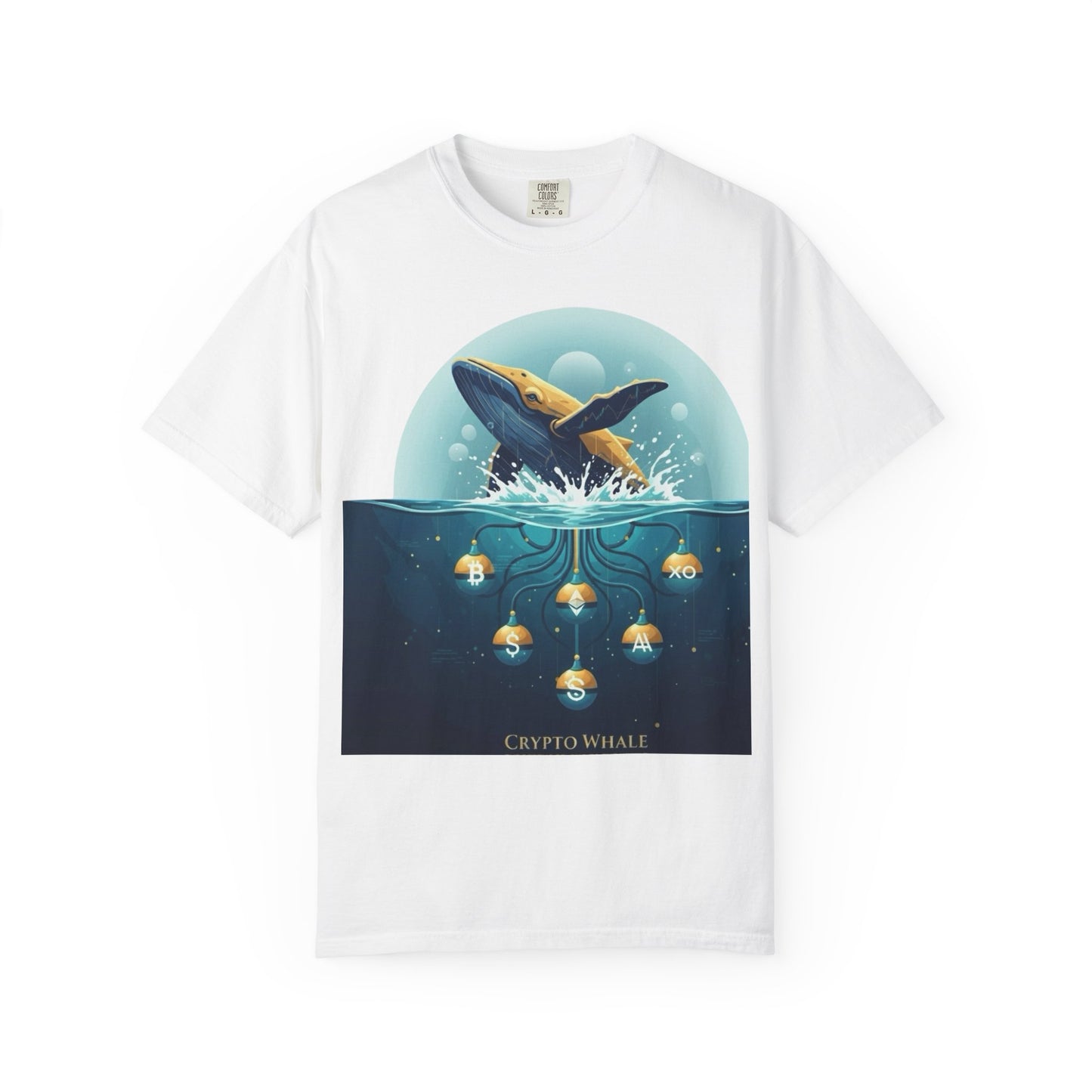 Crypto Whale T-Shirt — Ocean Whale & Gold Crypto Icons Graphic Tee