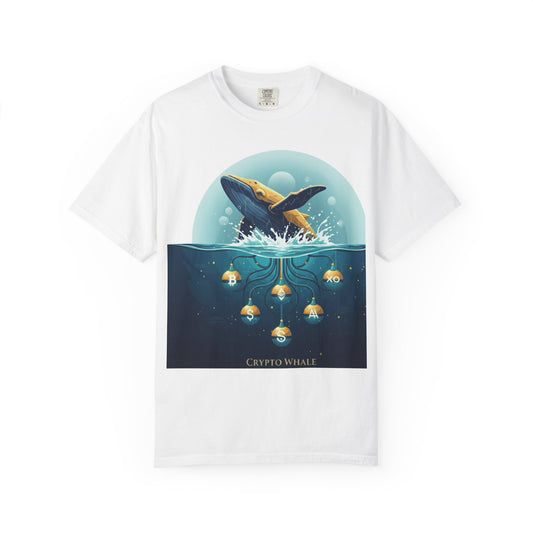 Crypto Whale T-Shirt — Ocean Whale & Gold Crypto Icons Graphic Tee