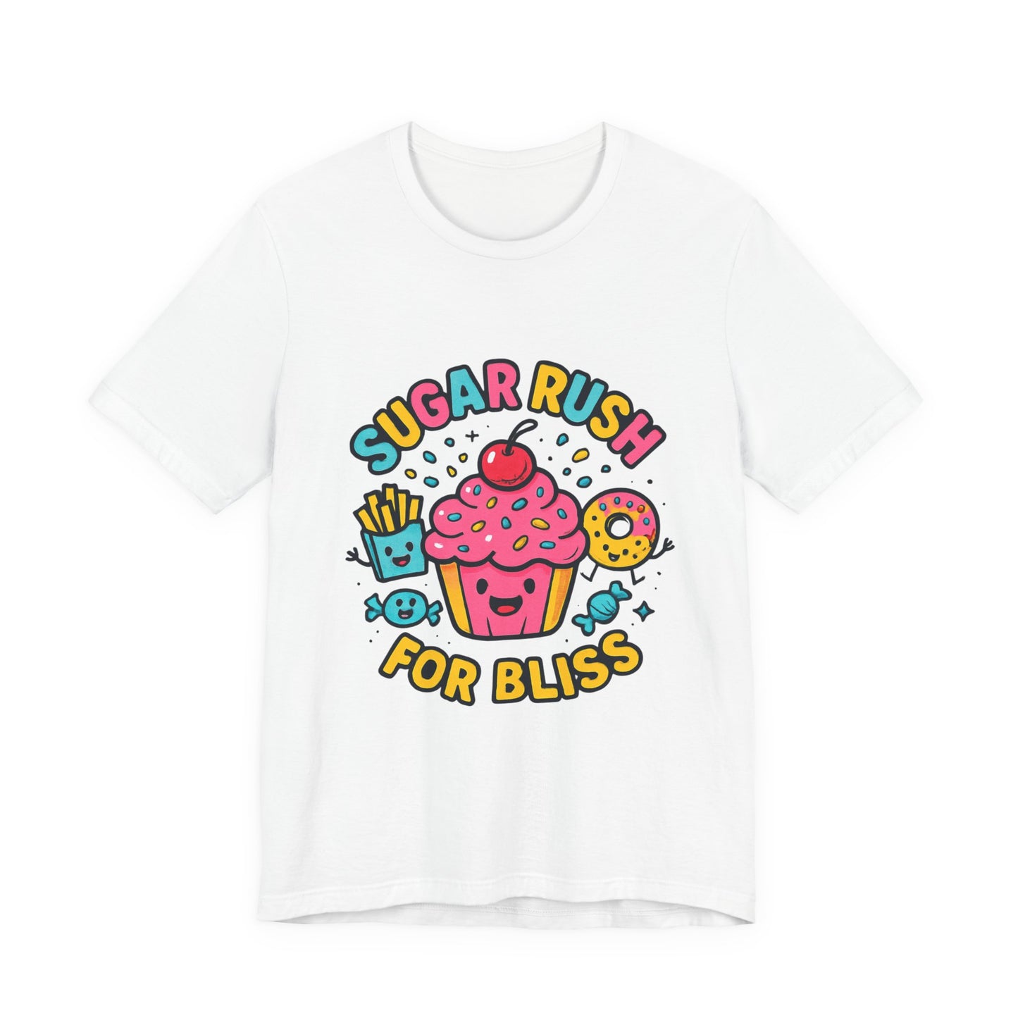 Sugar Rush for Bliss – Cartoon Snack Party Tee | Colorful Cupcake Design | Whimsical Foodie Shirt | Kawaii Vaporwave Candy Aesthetic