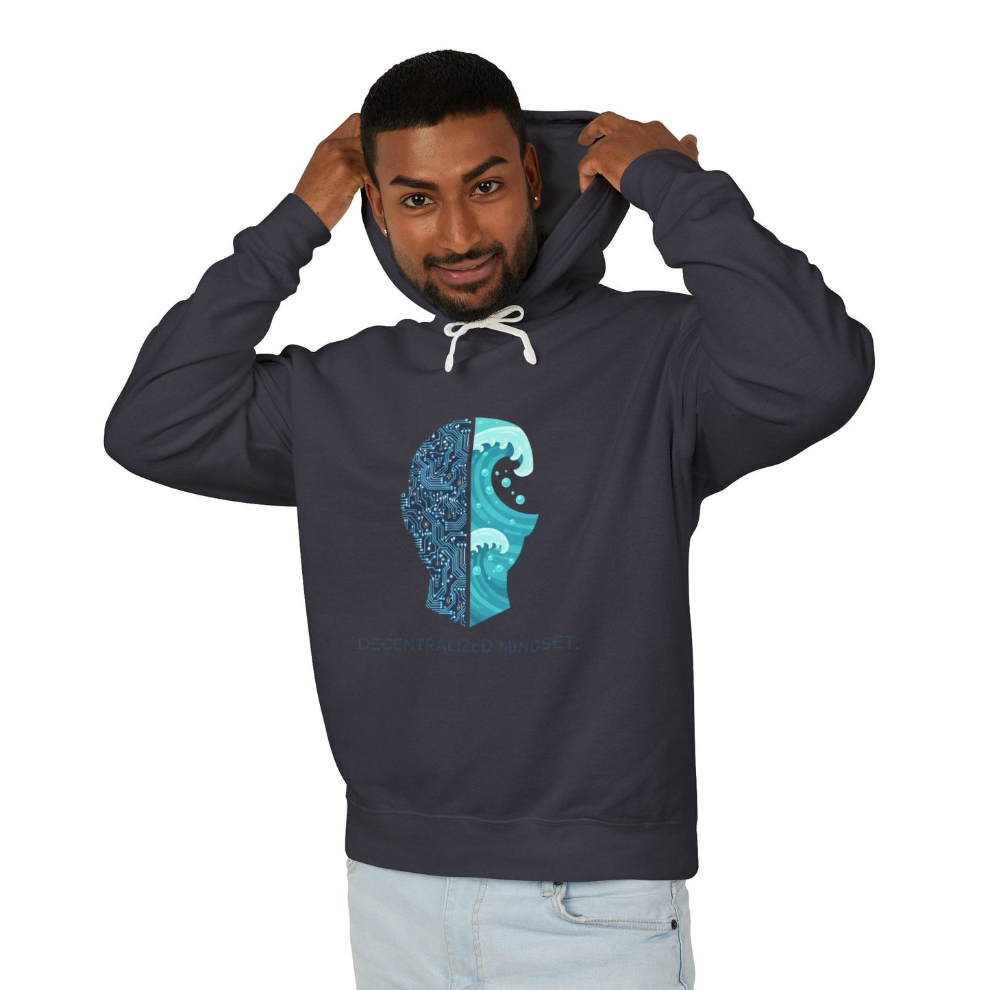 Decentralized Mindset Hoodie — Ocean Wave Split Face Graphic Hooded Sweatshirt