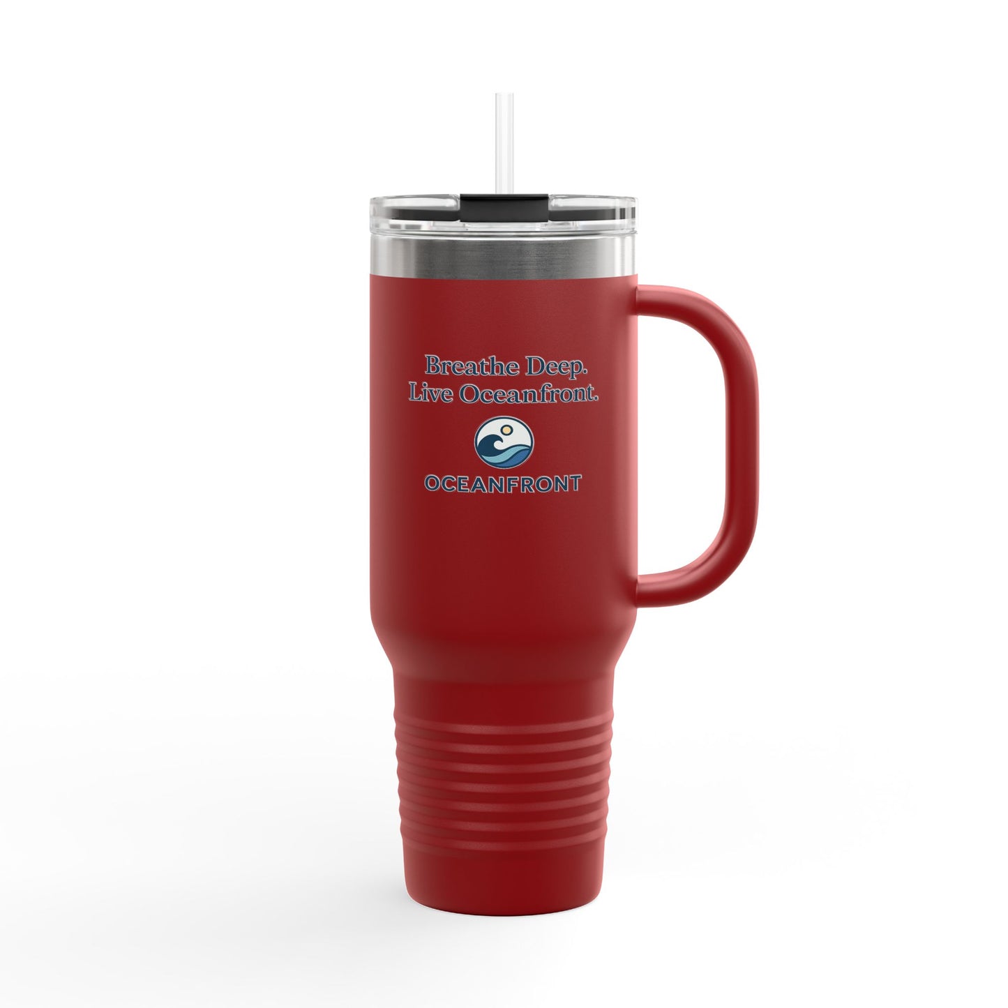 Oceanfront Insulated Travel Mug – “Breathe Deep. Live Oceanfront.” | Custom Name Option