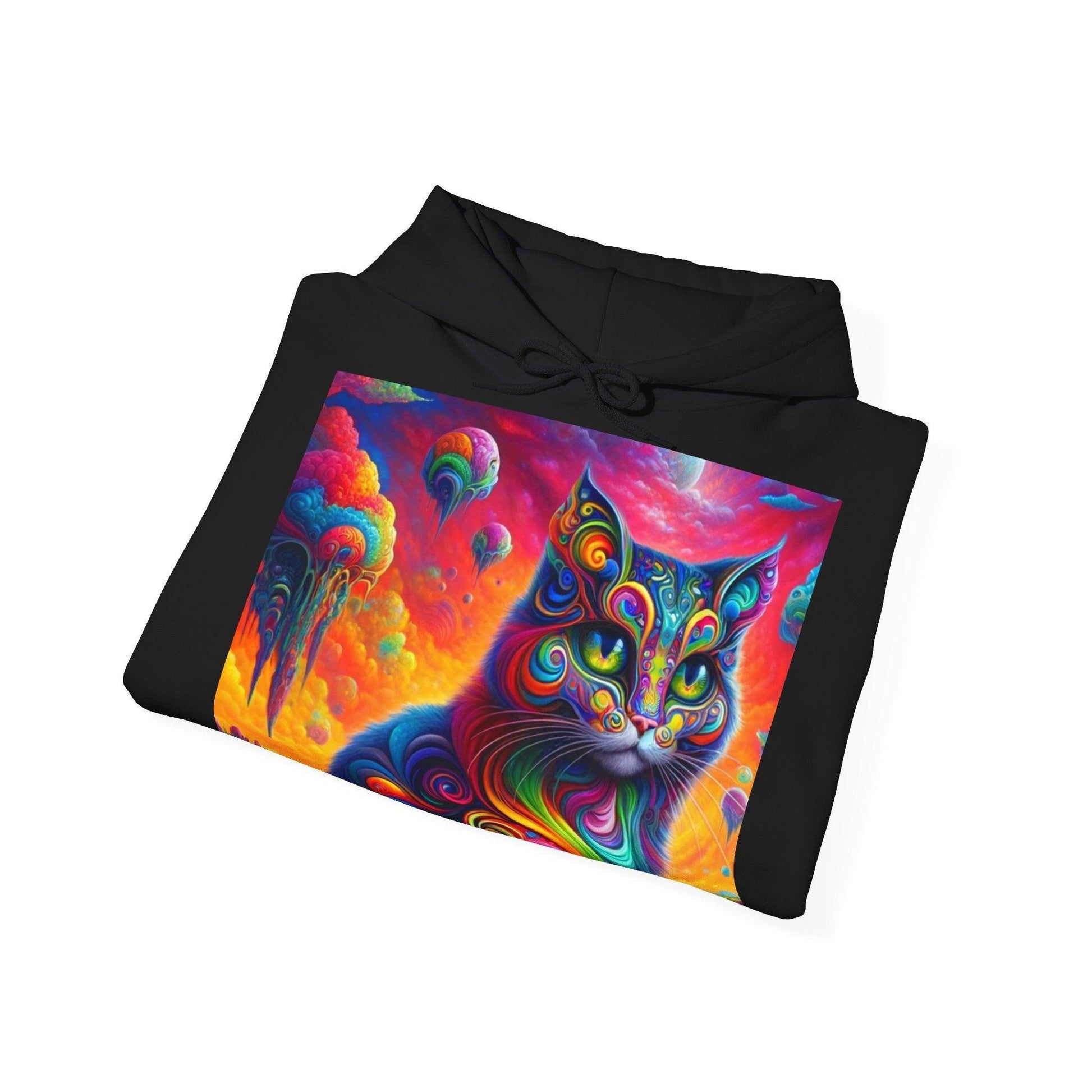 Psychedelic Cat in Surreal Landscape Hoodie SweatShirt: A Fusion of Fantasy and Feline Charm - Oceanfront Products