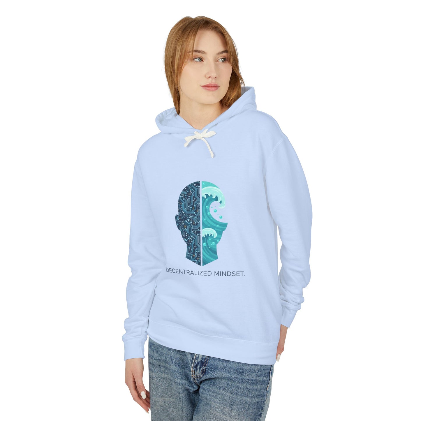 Decentralized Mindset Hoodie — Ocean Wave Split Face Graphic Hooded Sweatshirt