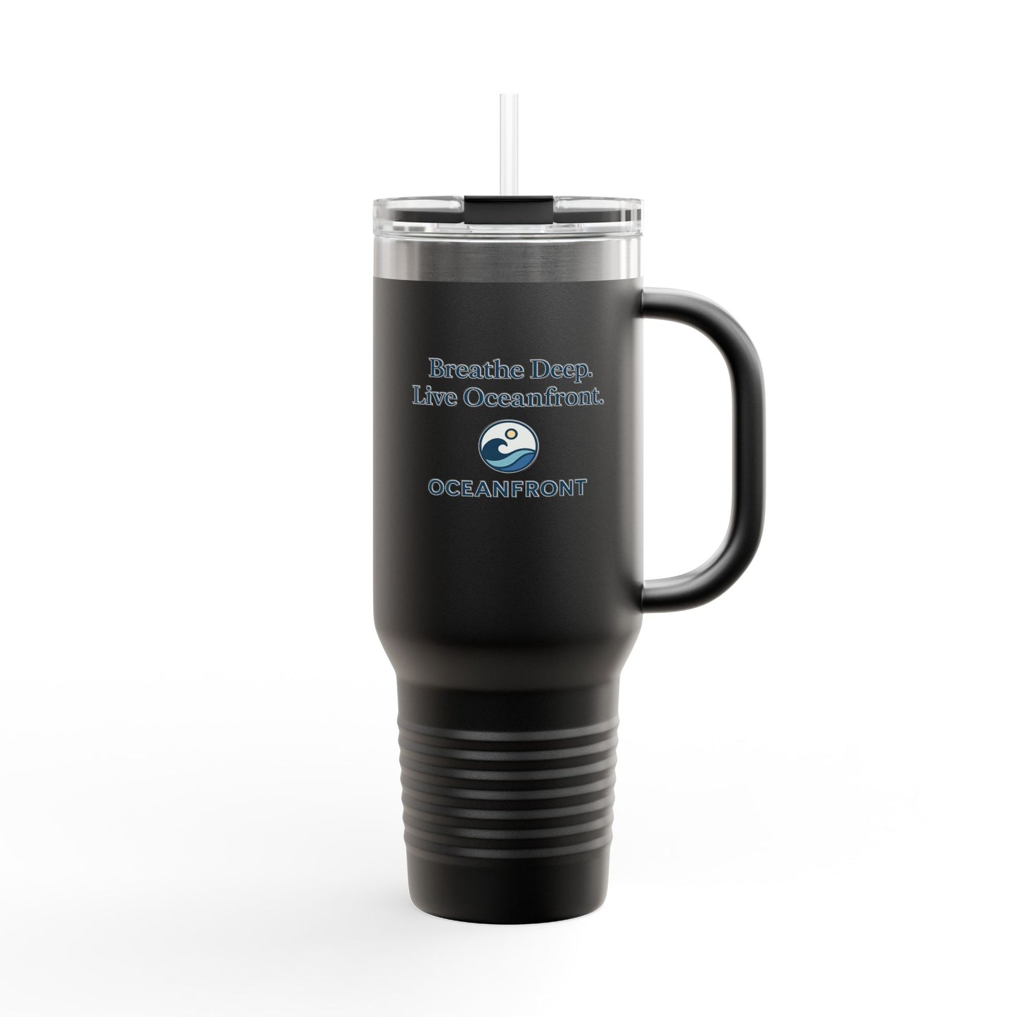 Oceanfront Insulated Travel Mug – “Breathe Deep. Live Oceanfront.” | Custom Name Option