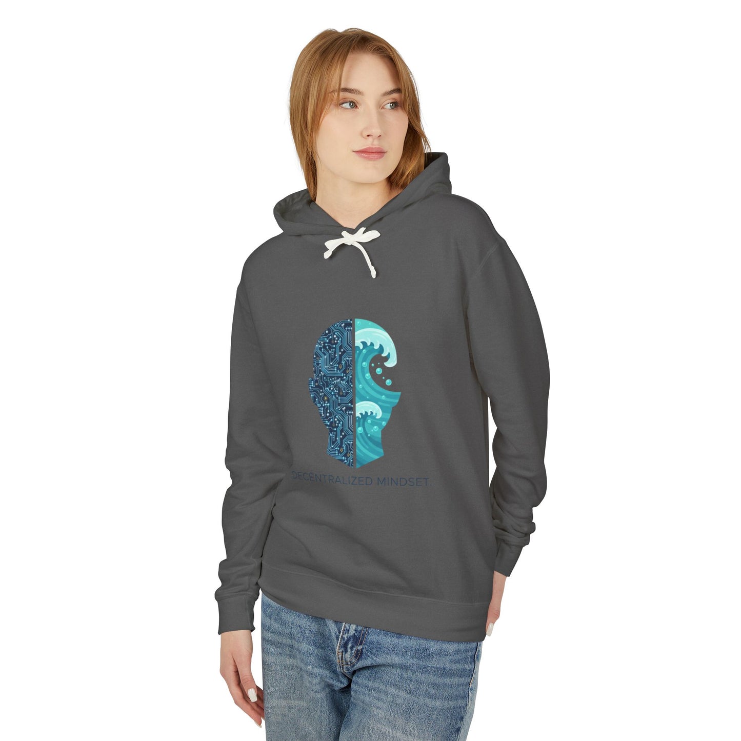 Decentralized Mindset Hoodie — Ocean Wave Split Face Graphic Hooded Sweatshirt