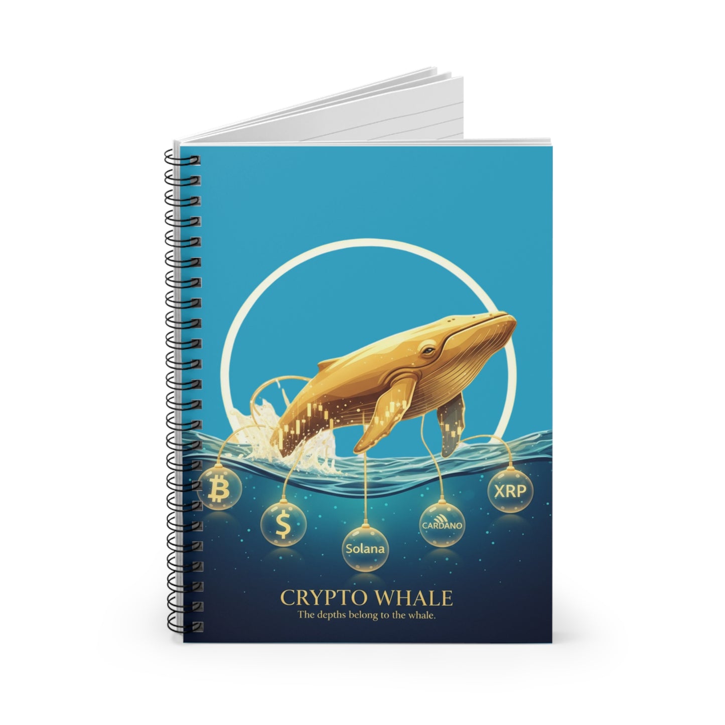 Crypto Whale Spiral Notebook — Gold Whale Crypto Design, Ruled Journal for Traders & Enthusiasts