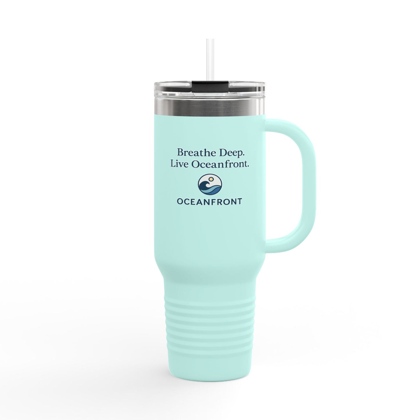 Oceanfront Insulated Travel Mug – “Breathe Deep. Live Oceanfront.” | Custom Name Option