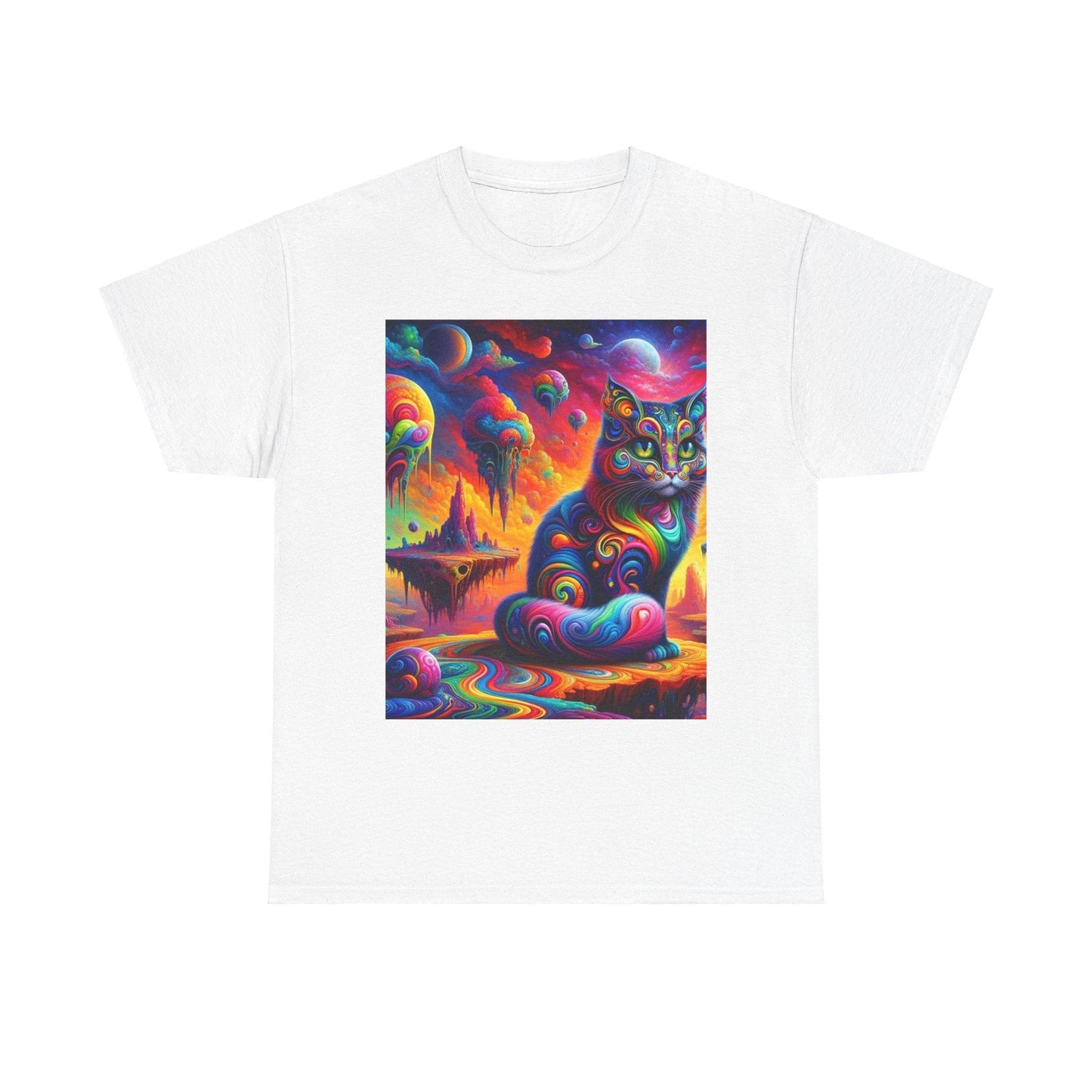 Psychedelic Cat in Surreal Landscape Shirt: A Fusion of Fantasy and Feline Charm - Oceanfront Products