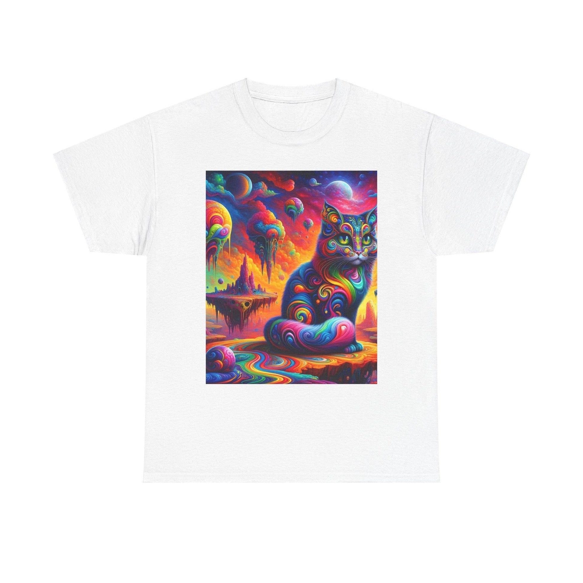 Psychedelic Cat in Surreal Landscape Shirt: A Fusion of Fantasy and Feline Charm - Oceanfront Products