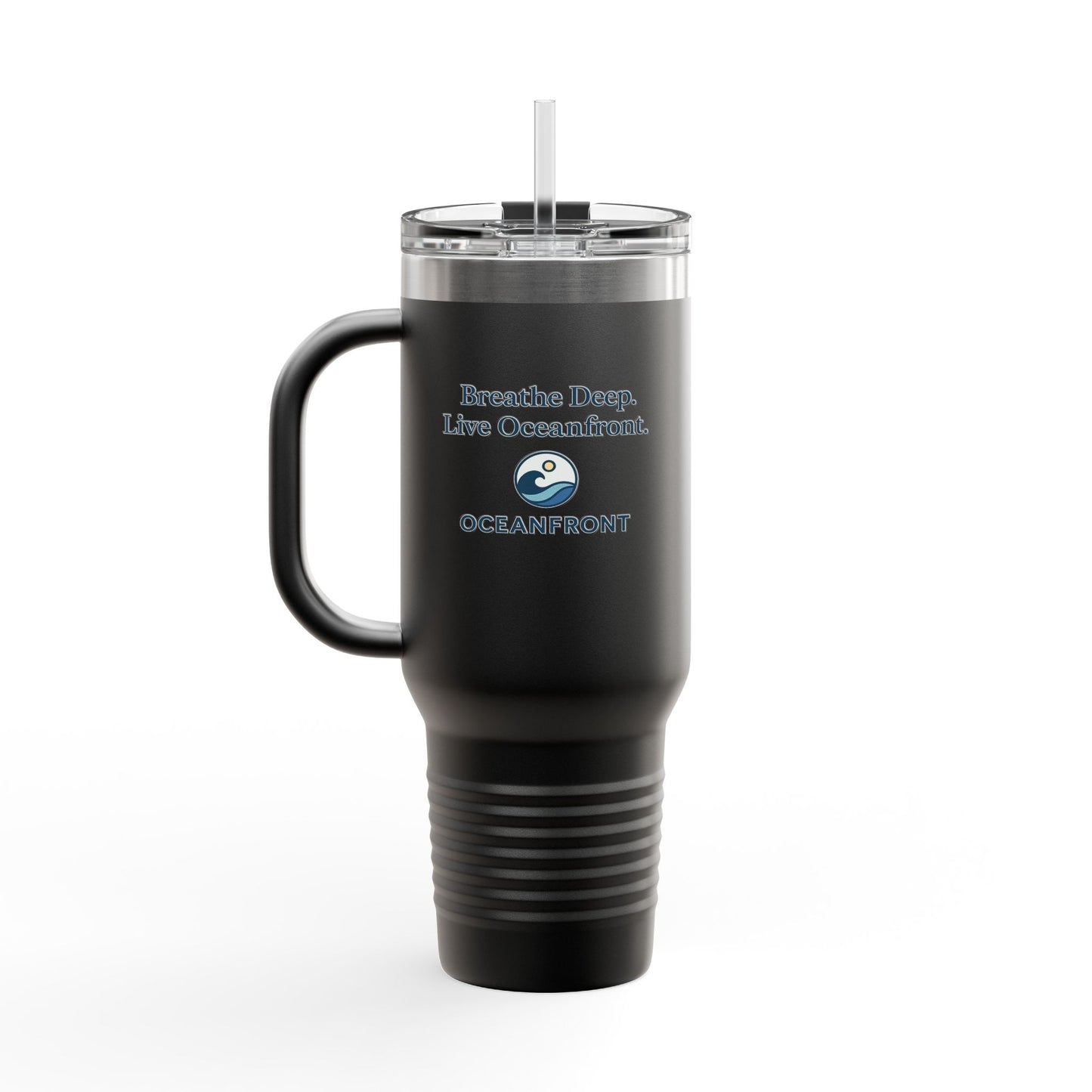 Oceanfront Insulated Travel Mug – “Breathe Deep. Live Oceanfront.” | Custom Name Option