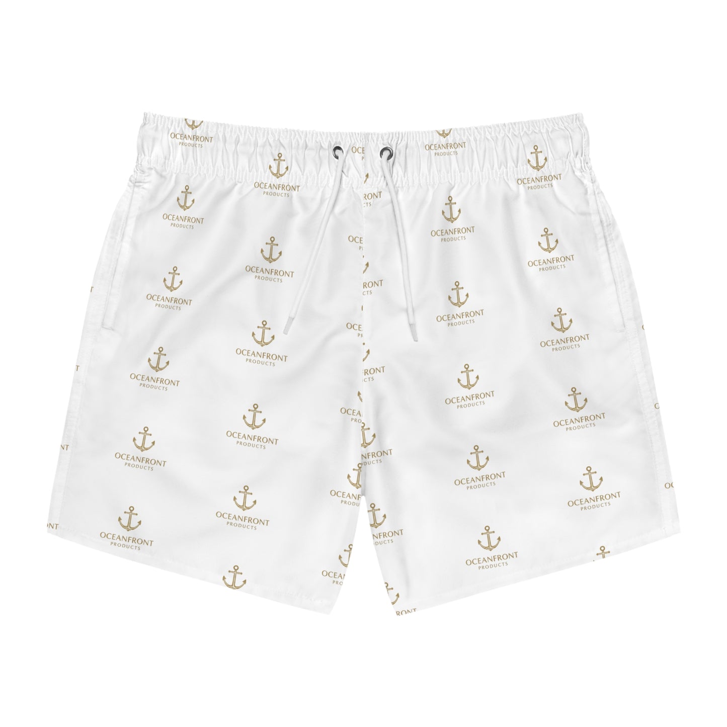 Nautical Anchor Print Swim Trunks – White All-Over Logo Pattern