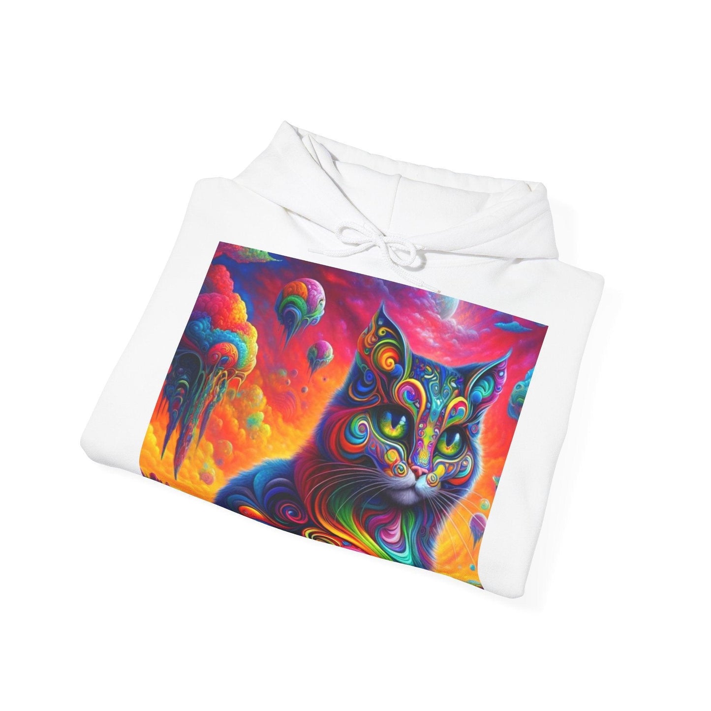 Psychedelic Cat in Surreal Landscape Hoodie SweatShirt: A Fusion of Fantasy and Feline Charm - Oceanfront Products