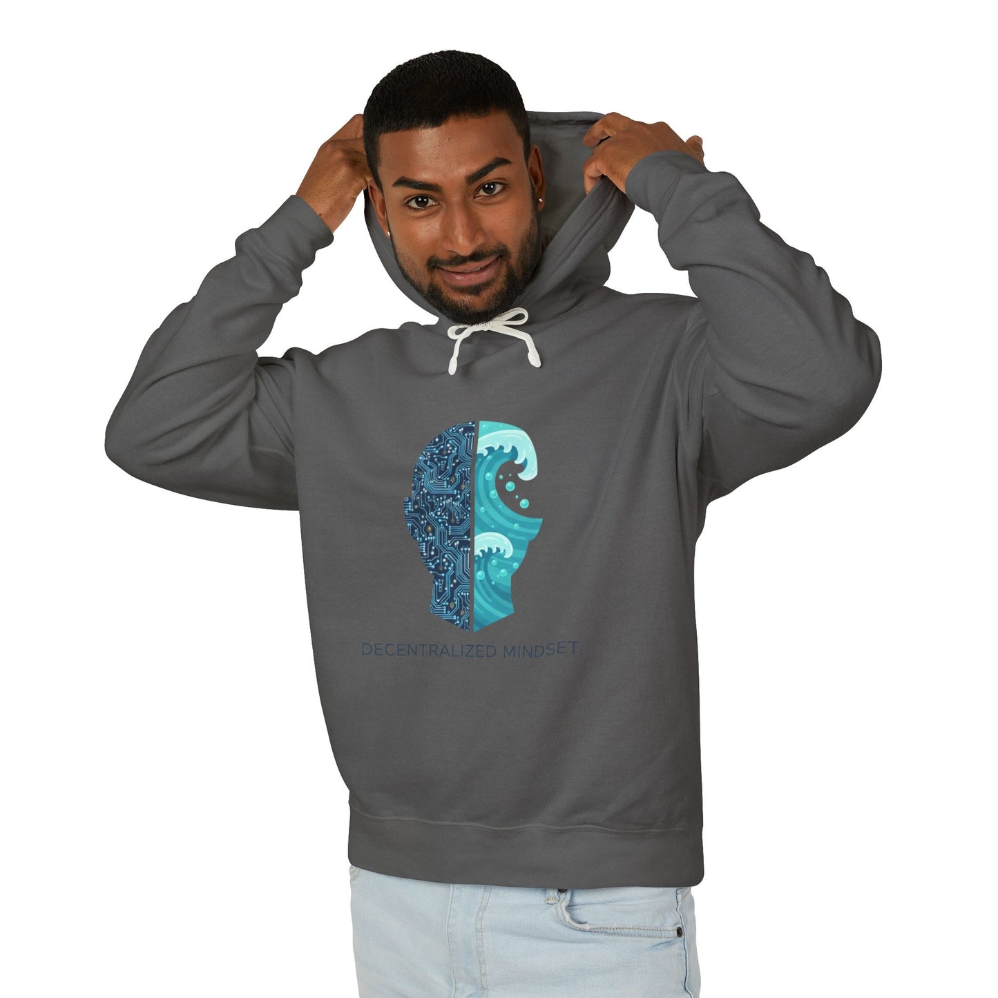 Decentralized Mindset Hoodie — Ocean Wave Split Face Graphic Hooded Sweatshirt