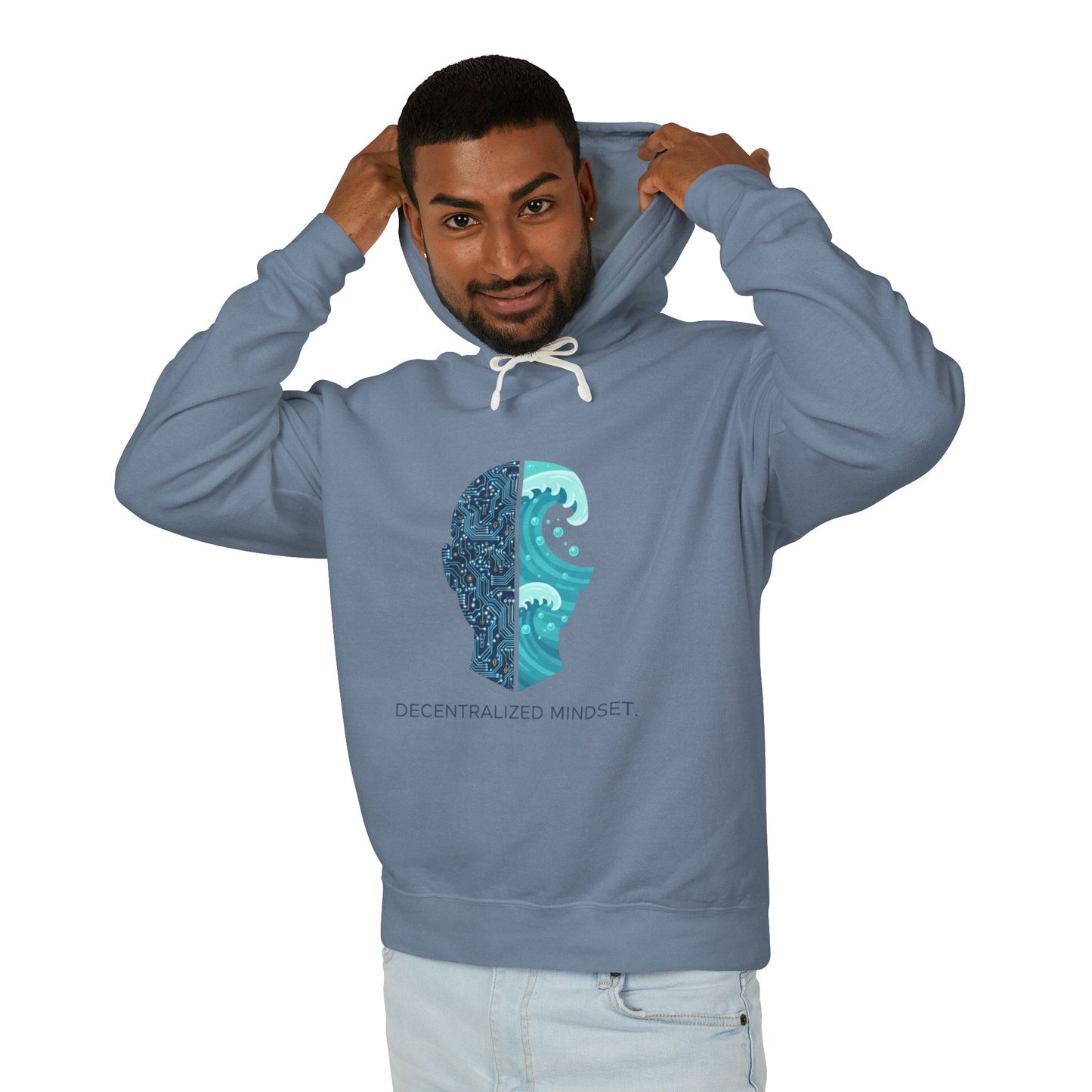 Decentralized Mindset Hoodie — Ocean Wave Split Face Graphic Hooded Sweatshirt