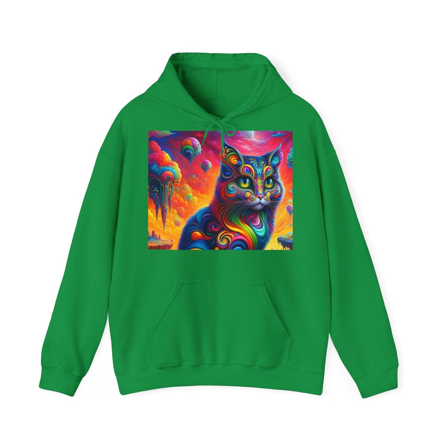 Psychedelic Cat in Surreal Landscape Hoodie SweatShirt: A Fusion of Fantasy and Feline Charm - Oceanfront Products