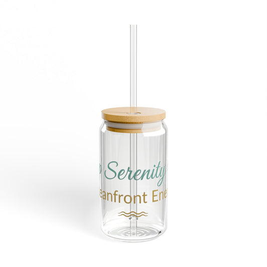 Oceanfront “Sip Serenity” Frosted Glass Cup | Luxury Coastal Glass with Bamboo Lid & Straw