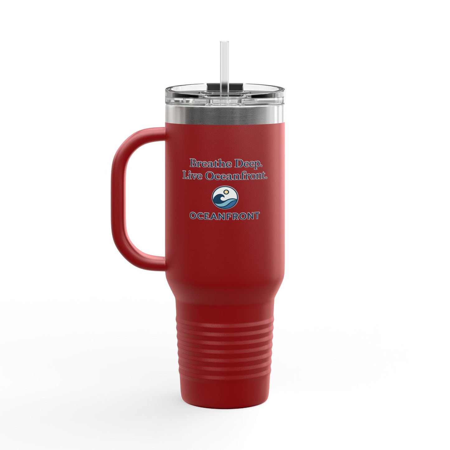 Oceanfront Insulated Travel Mug – “Breathe Deep. Live Oceanfront.” | Custom Name Option