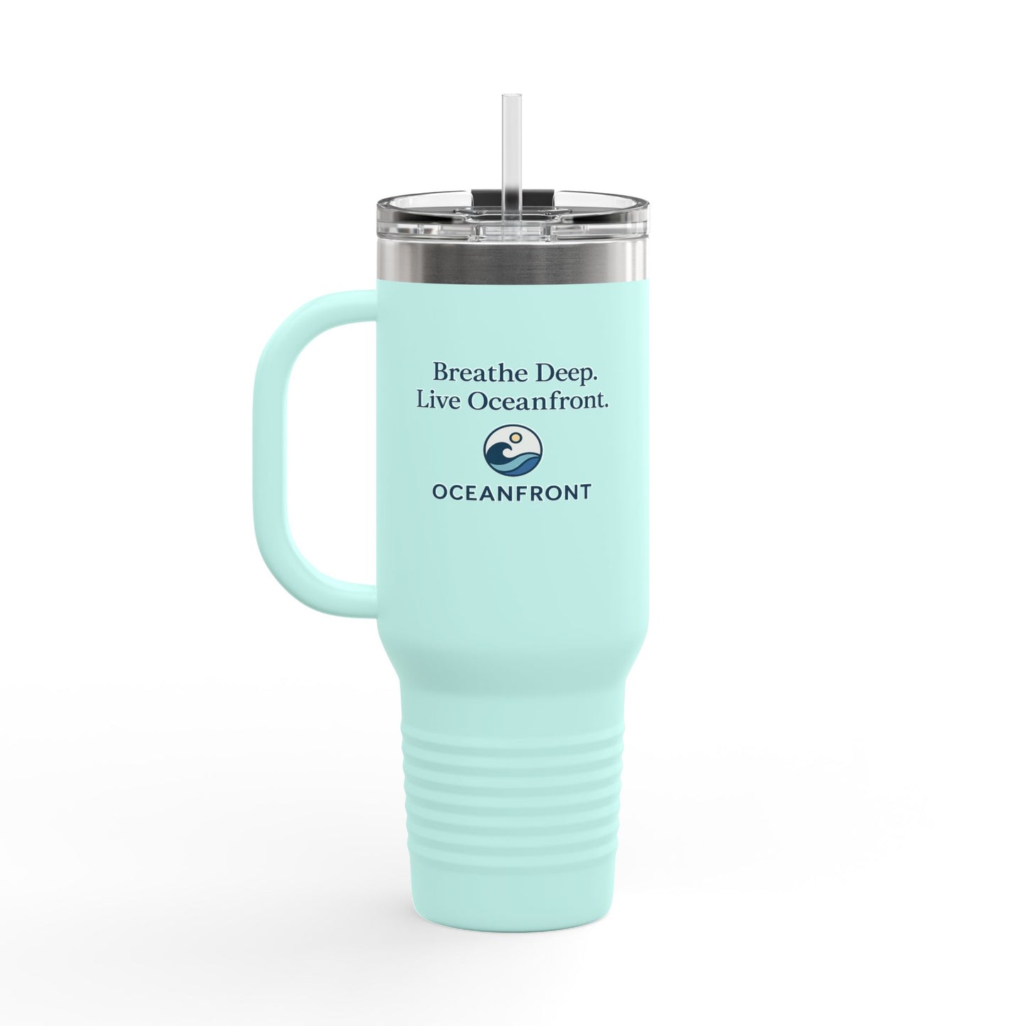 Oceanfront Insulated Travel Mug – “Breathe Deep. Live Oceanfront.” | Custom Name Option