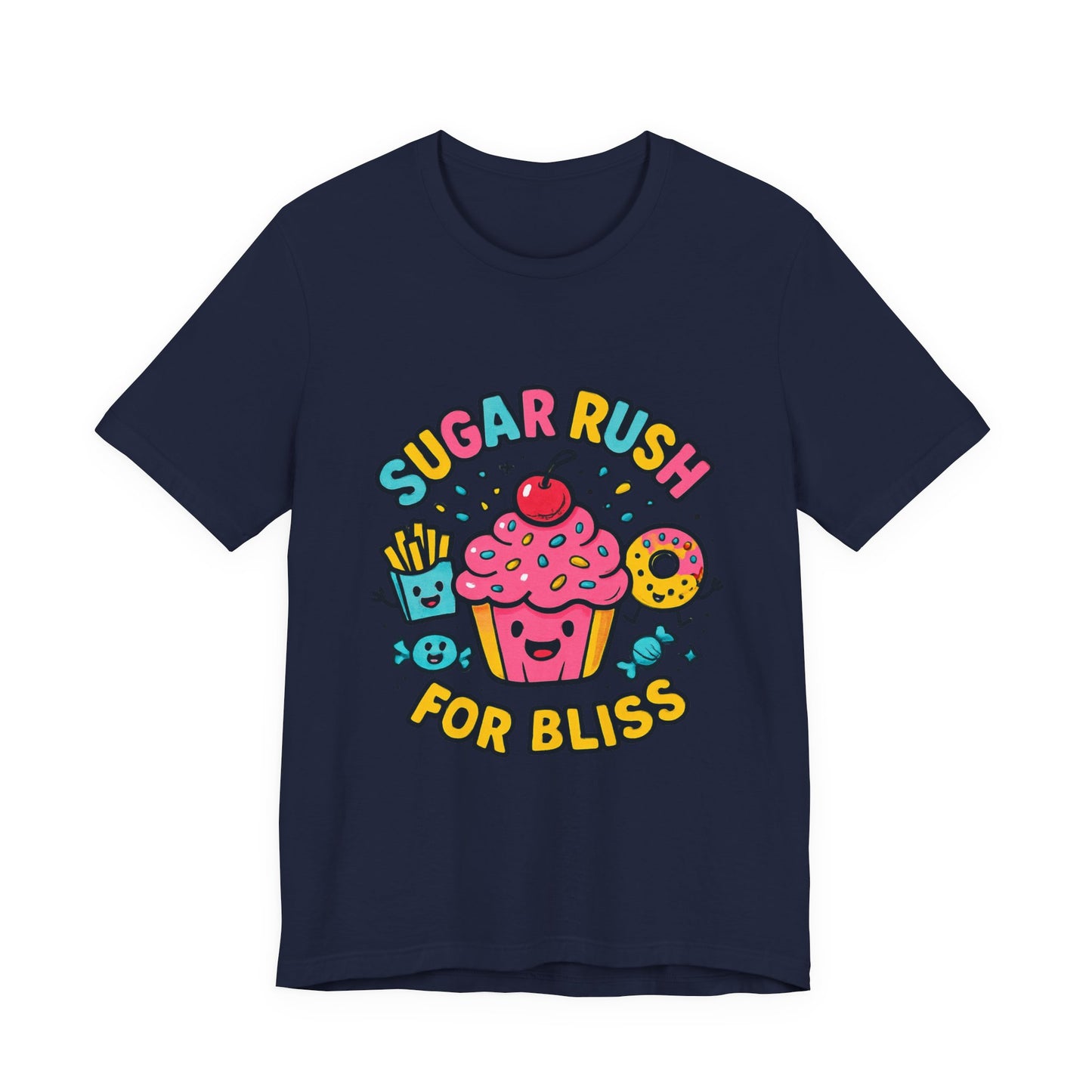 Sugar Rush for Bliss – Cartoon Snack Party Tee | Colorful Cupcake Design | Whimsical Foodie Shirt | Kawaii Vaporwave Candy Aesthetic