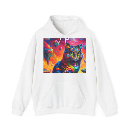 Psychedelic Cat in Surreal Landscape Hoodie SweatShirt: A Fusion of Fantasy and Feline Charm - Oceanfront Products