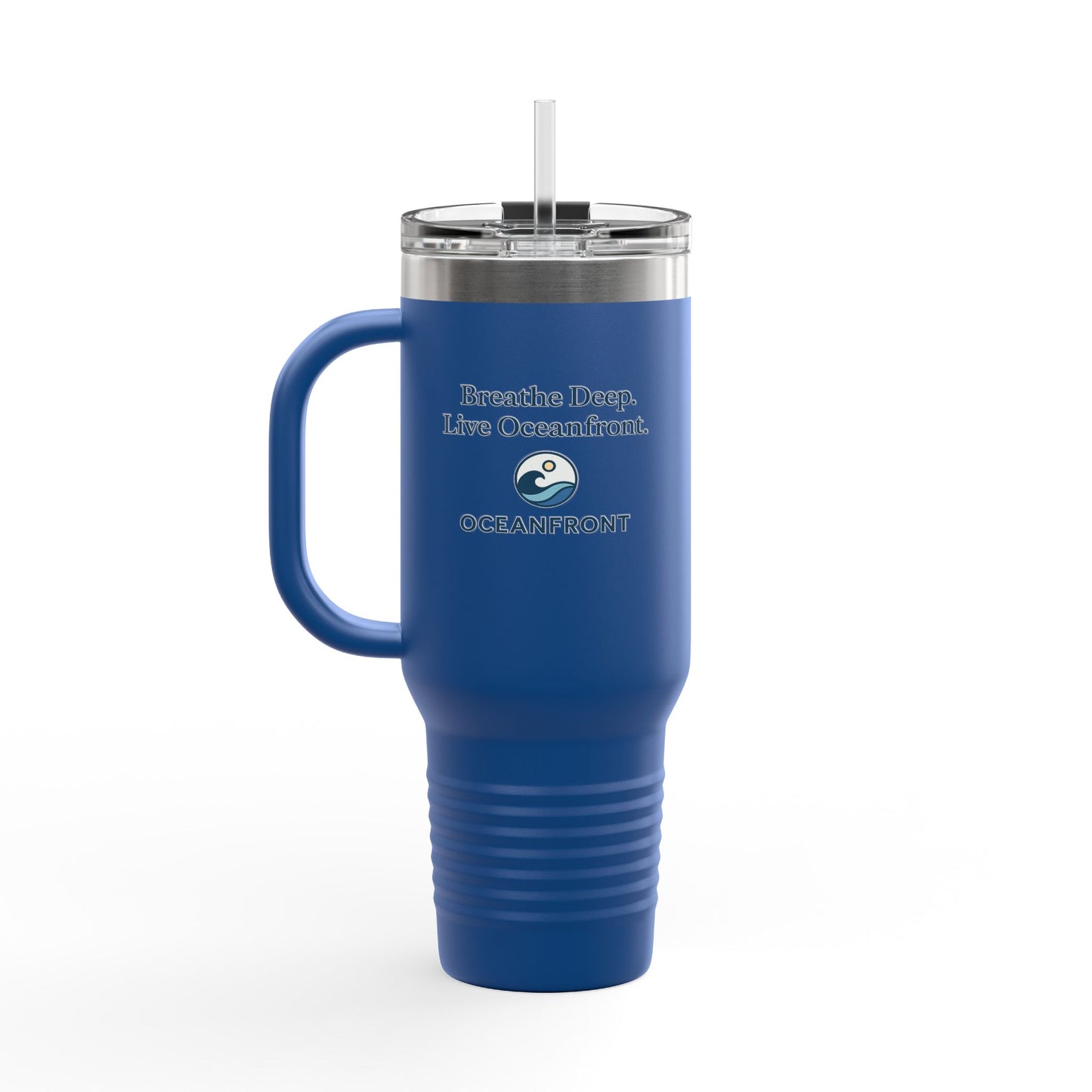 Oceanfront Insulated Travel Mug – “Breathe Deep. Live Oceanfront.” | Custom Name Option