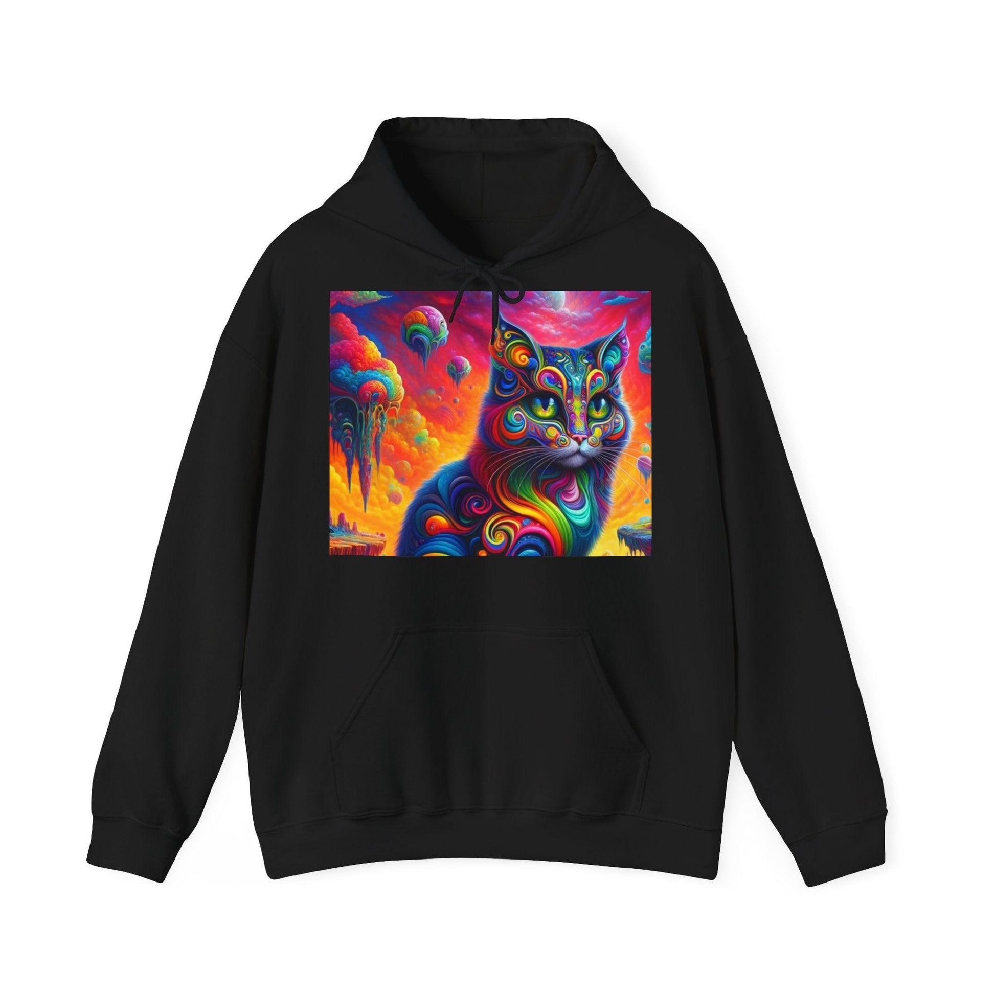 Psychedelic Cat in Surreal Landscape Hoodie SweatShirt: A Fusion of Fantasy and Feline Charm - Oceanfront Products