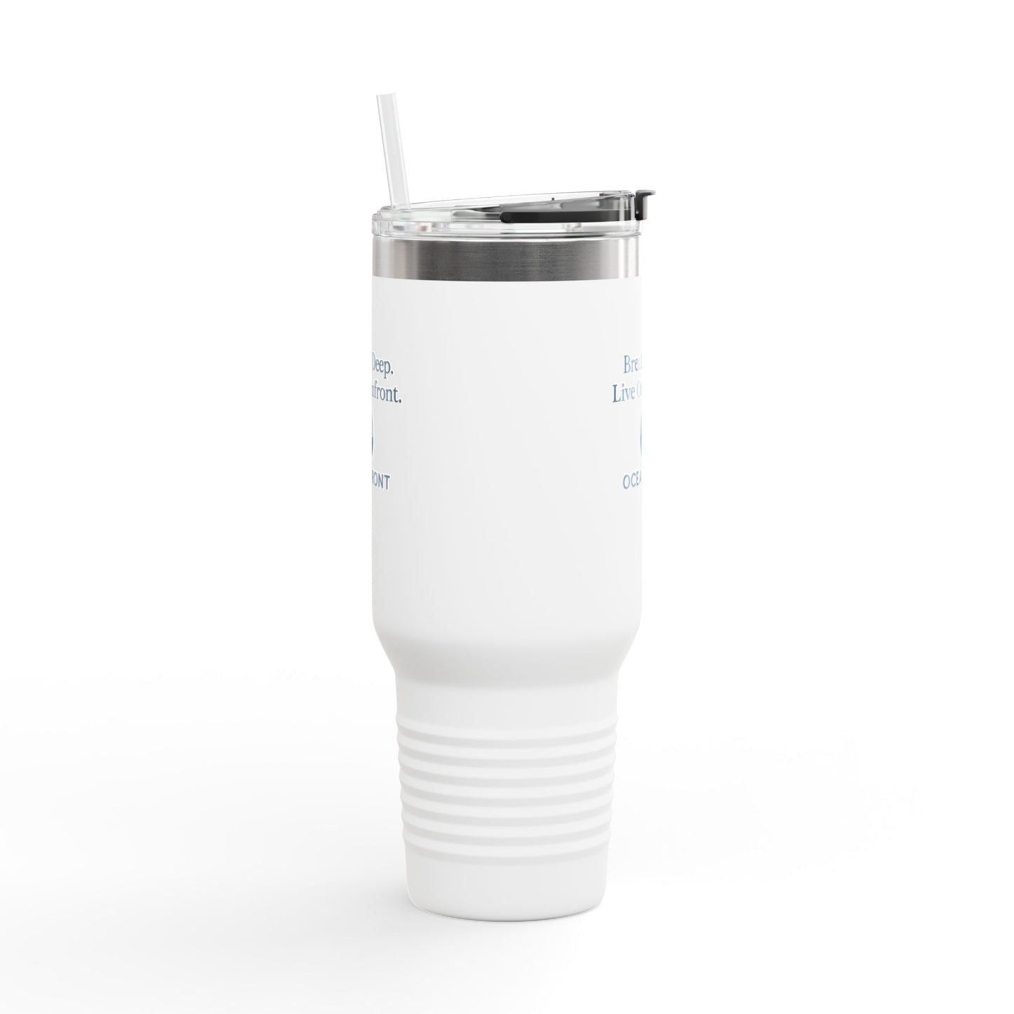 Oceanfront Insulated Travel Mug – “Breathe Deep. Live Oceanfront.” | Custom Name Option