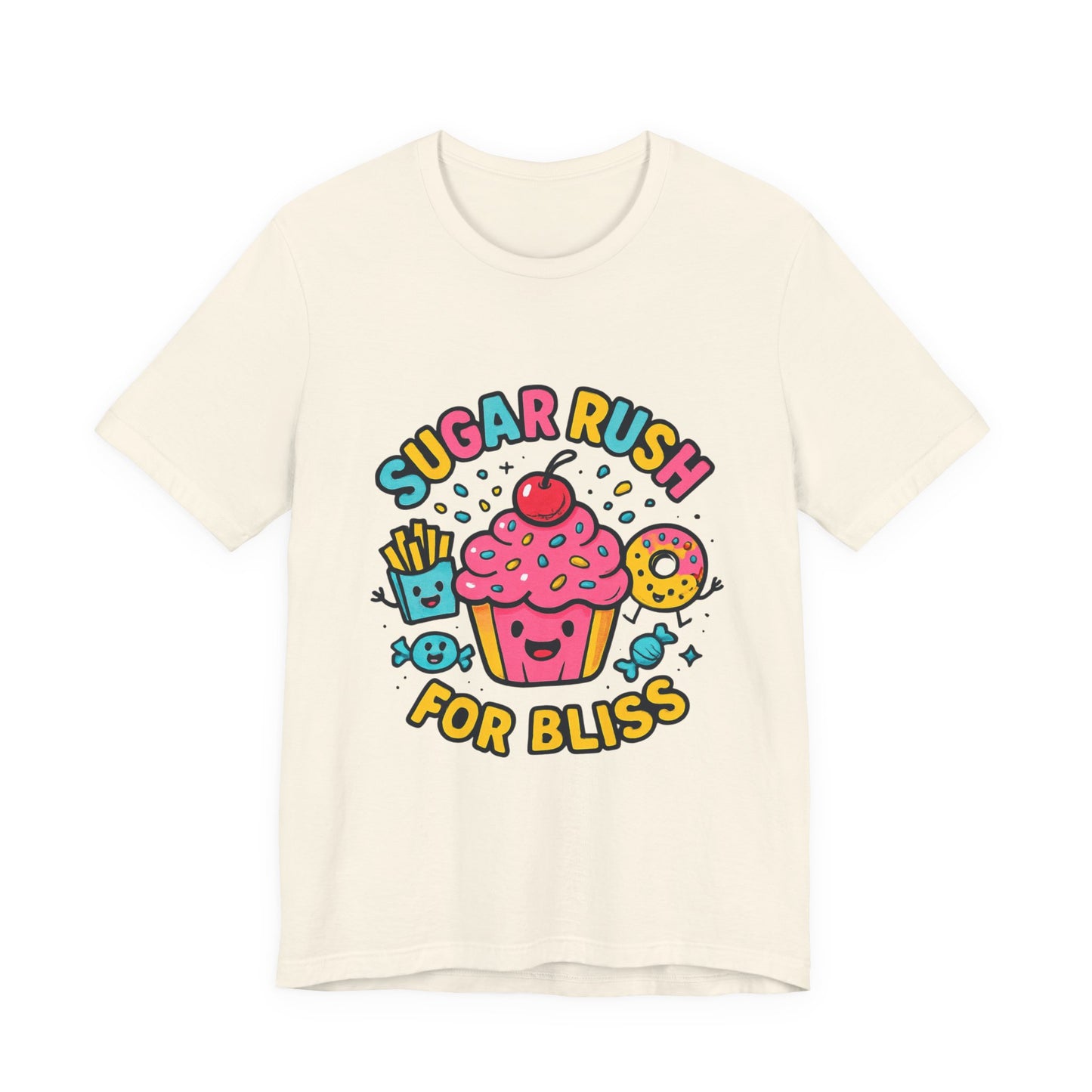 Sugar Rush for Bliss – Cartoon Snack Party Tee | Colorful Cupcake Design | Whimsical Foodie Shirt | Kawaii Vaporwave Candy Aesthetic