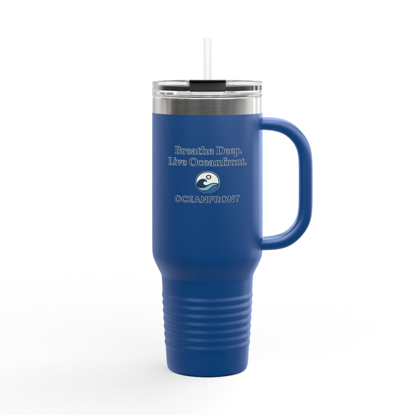 Oceanfront Insulated Travel Mug – “Breathe Deep. Live Oceanfront.” | Custom Name Option