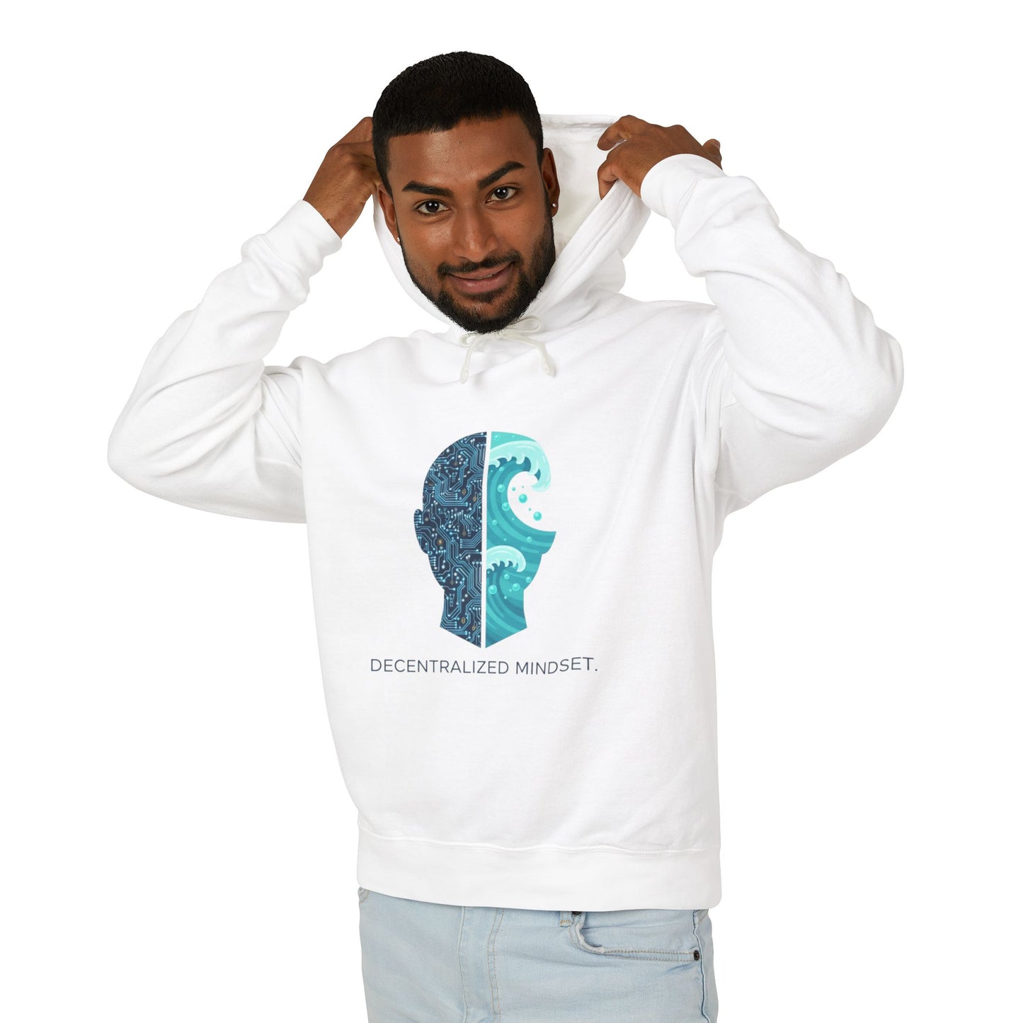 Decentralized Mindset Hoodie — Ocean Wave Split Face Graphic Hooded Sweatshirt