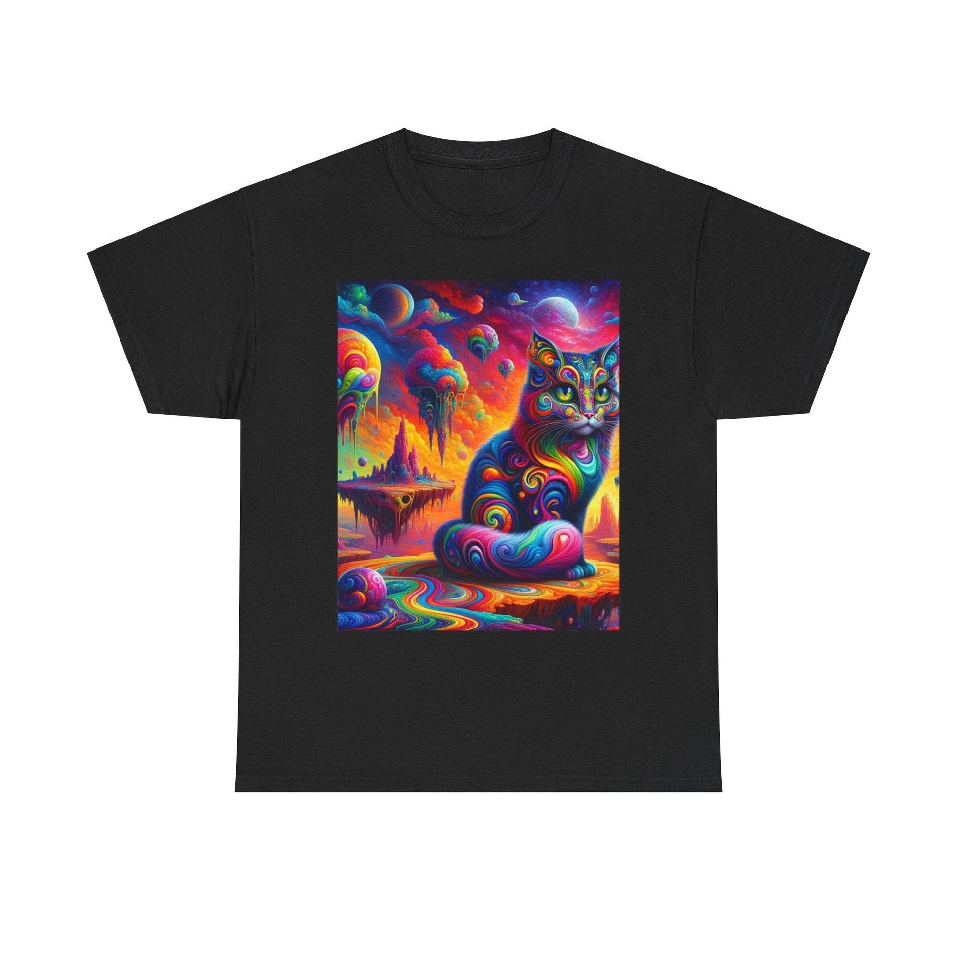 Psychedelic Cat in Surreal Landscape Shirt: A Fusion of Fantasy and Feline Charm - Oceanfront Products