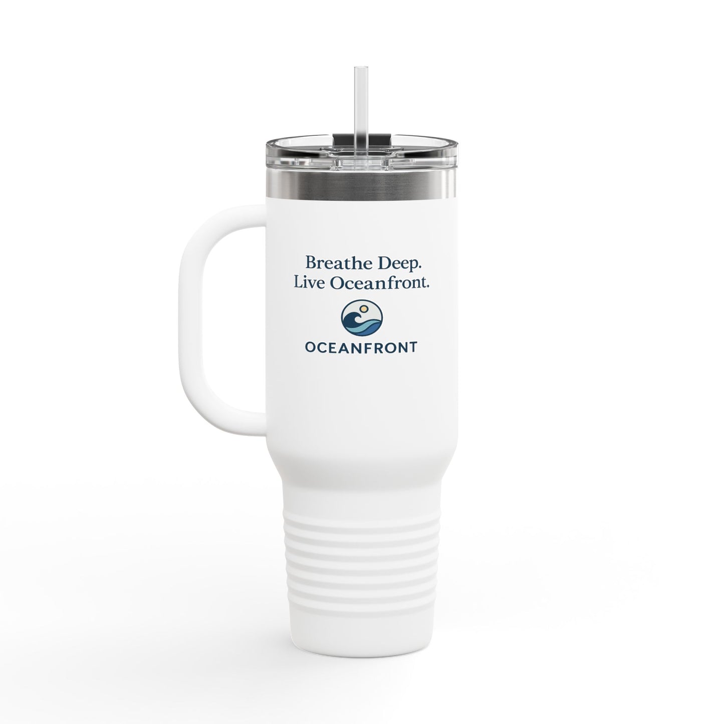 Oceanfront Insulated Travel Mug – “Breathe Deep. Live Oceanfront.” | Custom Name Option