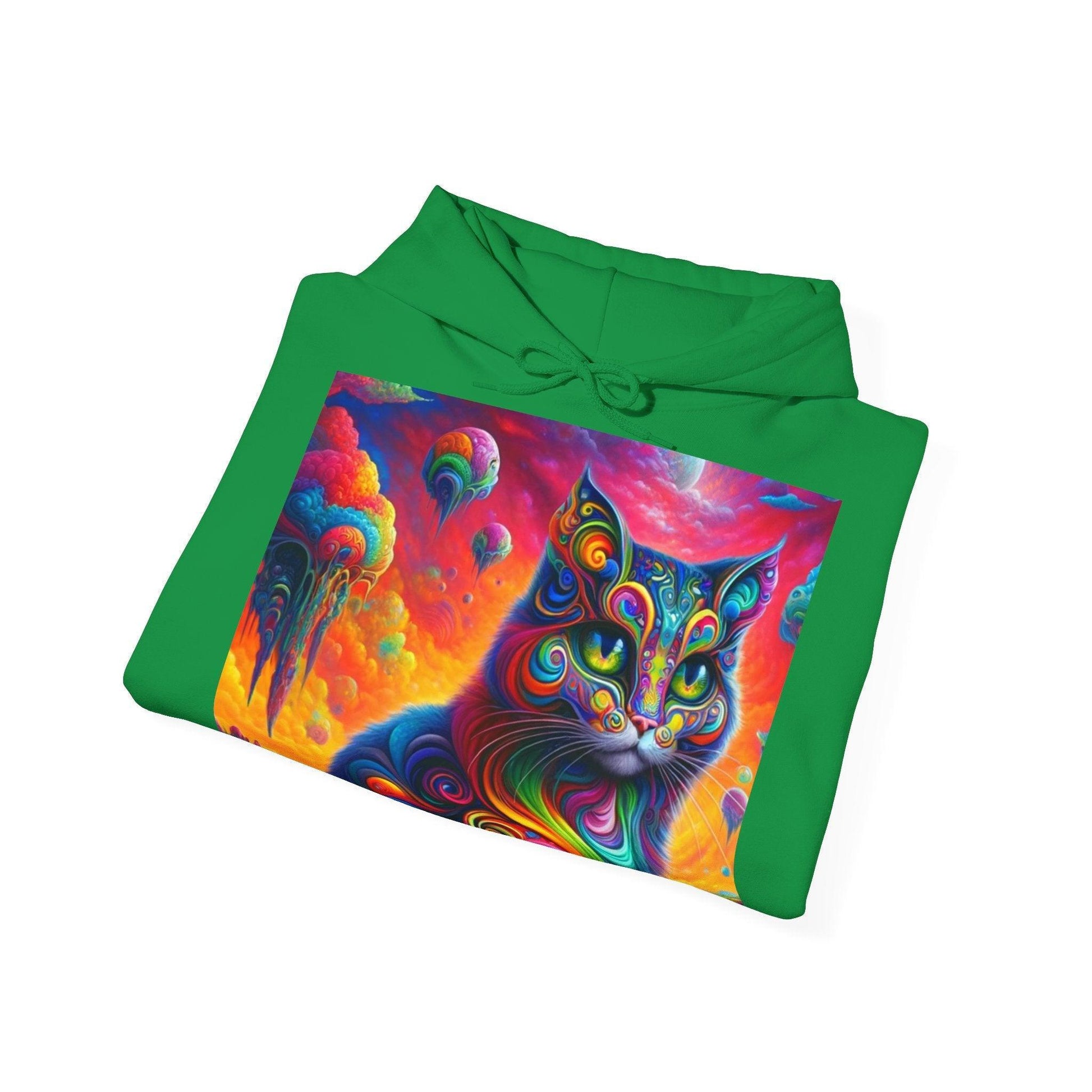 Psychedelic Cat in Surreal Landscape Hoodie SweatShirt: A Fusion of Fantasy and Feline Charm - Oceanfront Products