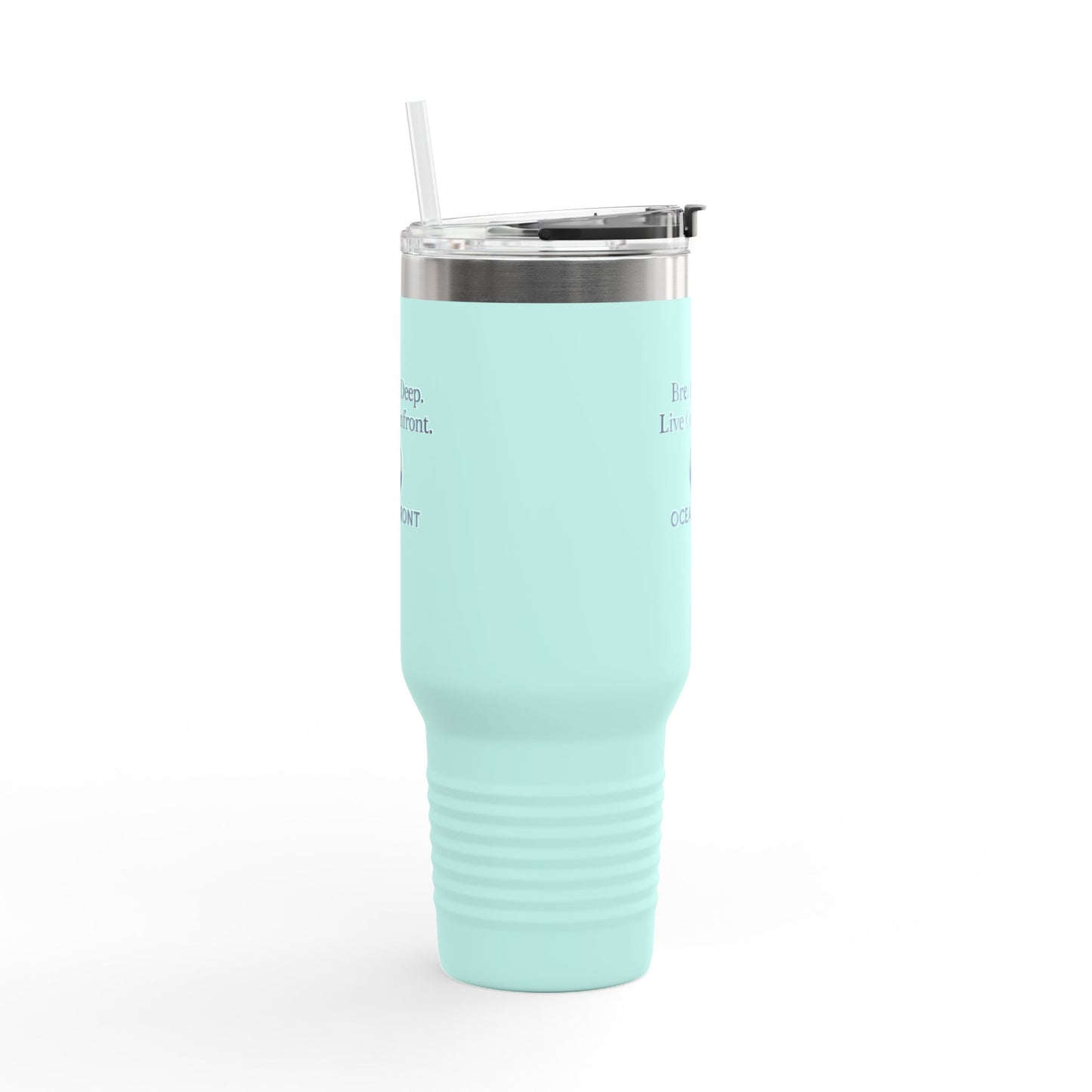 Oceanfront Insulated Travel Mug – “Breathe Deep. Live Oceanfront.” | Custom Name Option