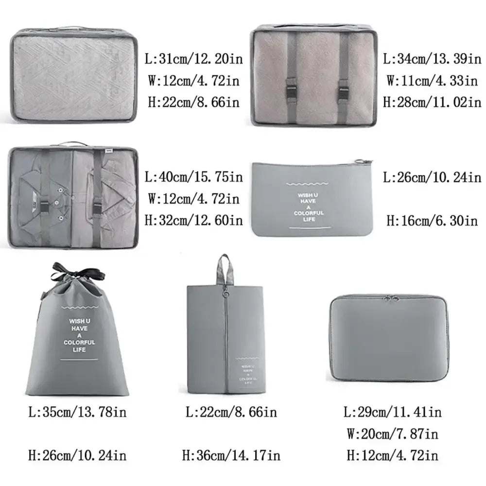 Gray travel organizer storage packing cubes set with dimensions for suitcase organization