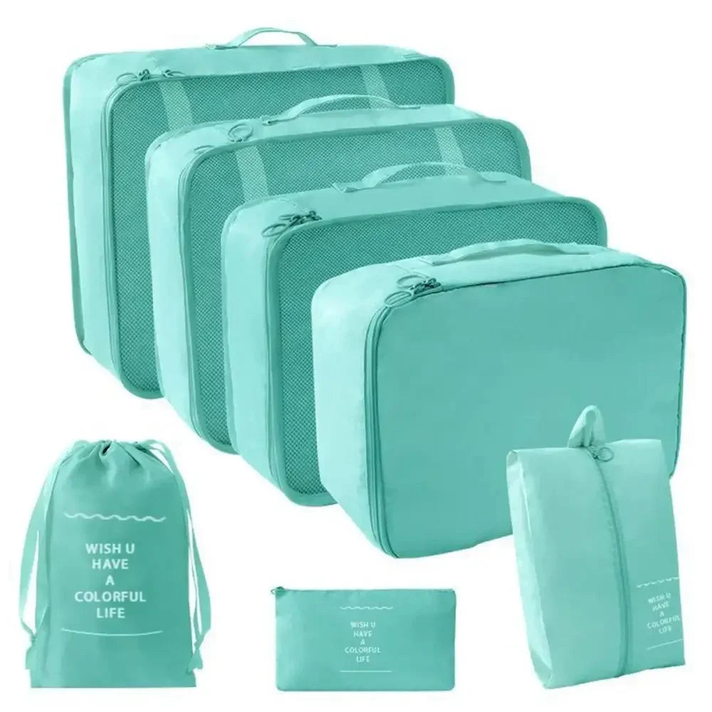 Turquoise travel organizer storage set with suitcase packing cubes and clothing shoe pouches