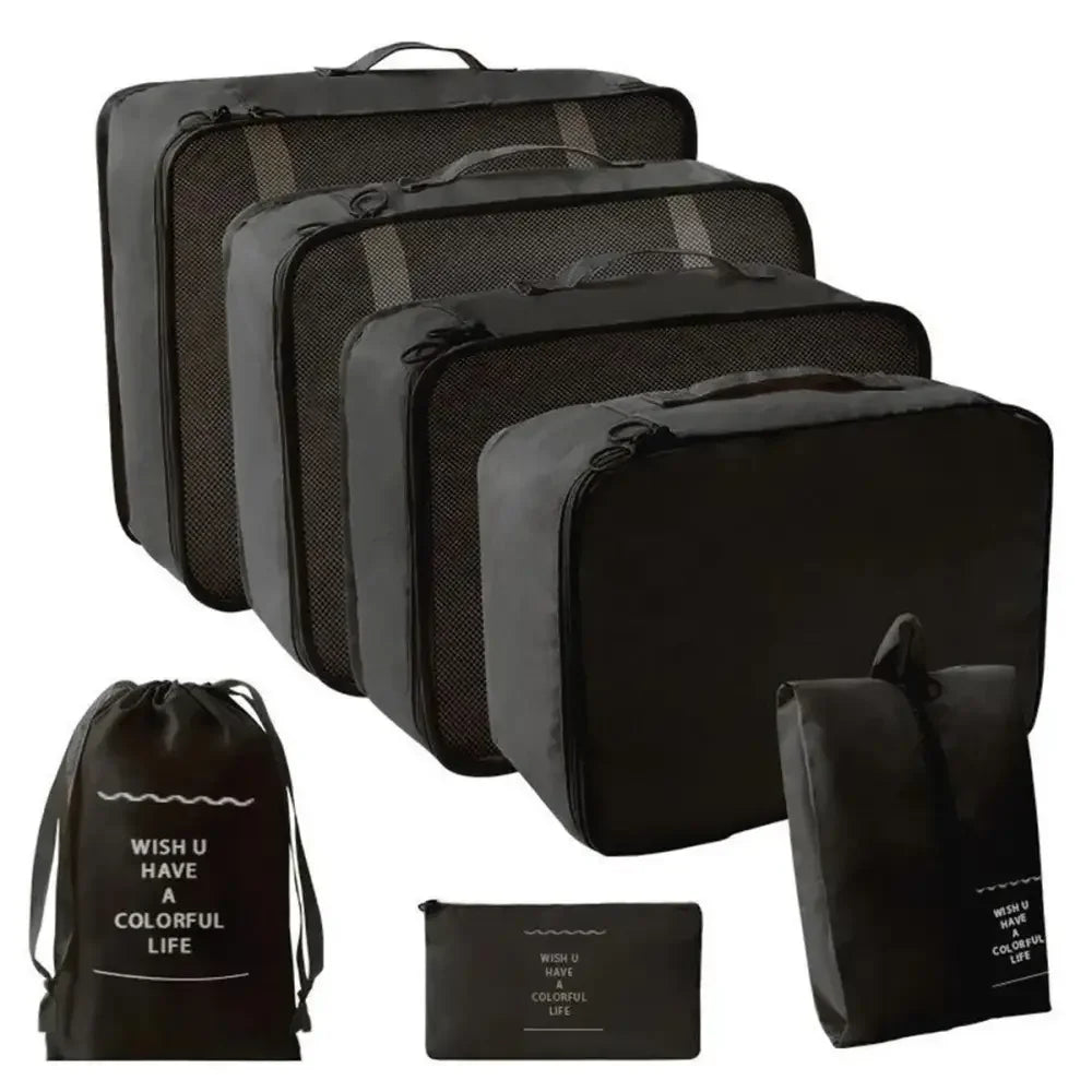 Black travel organizer storage set with suitcase packing cubes and portable packing cubes set