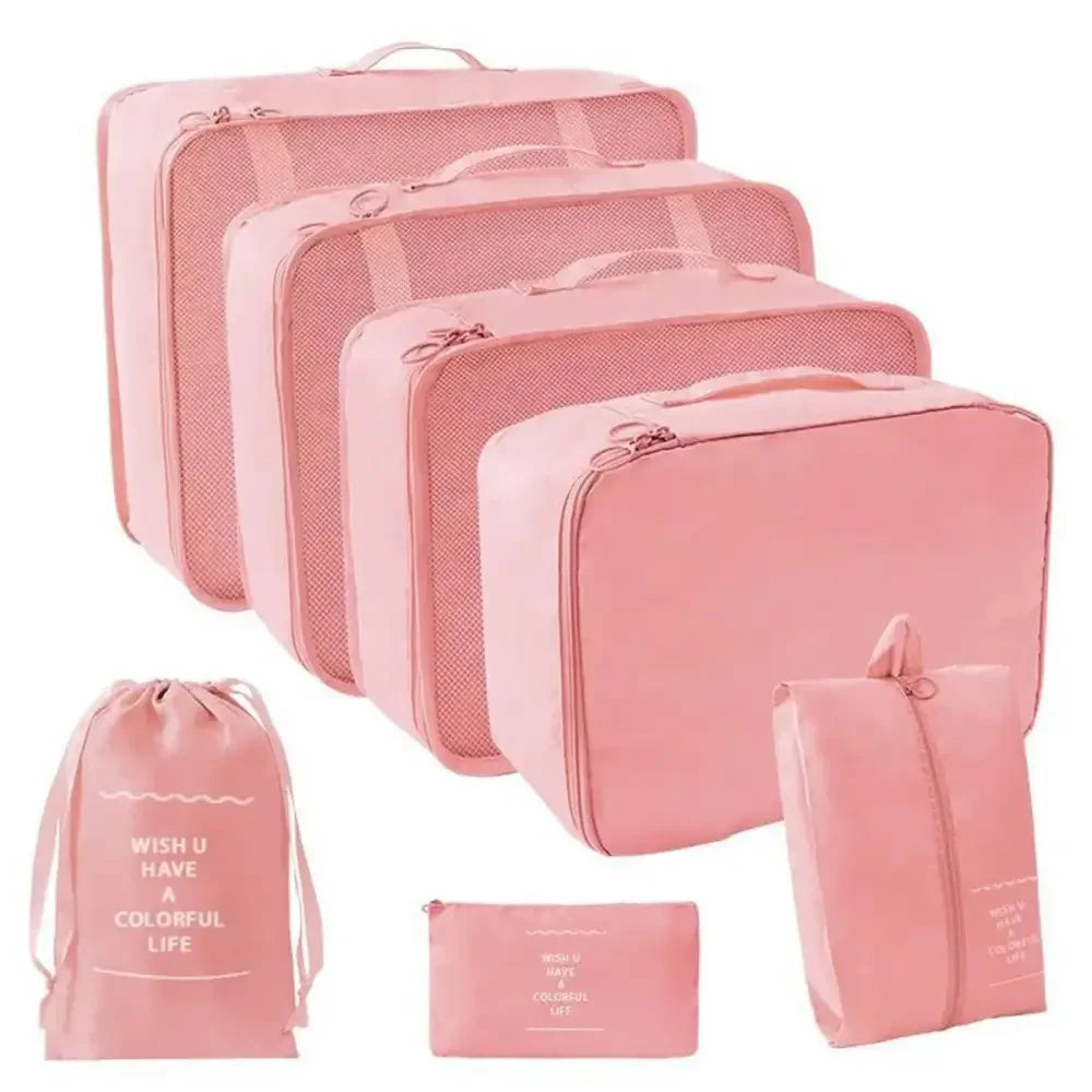 Pink Travel Organizer Storage Set with Suitcase Packing Cubes for Luggage Organization